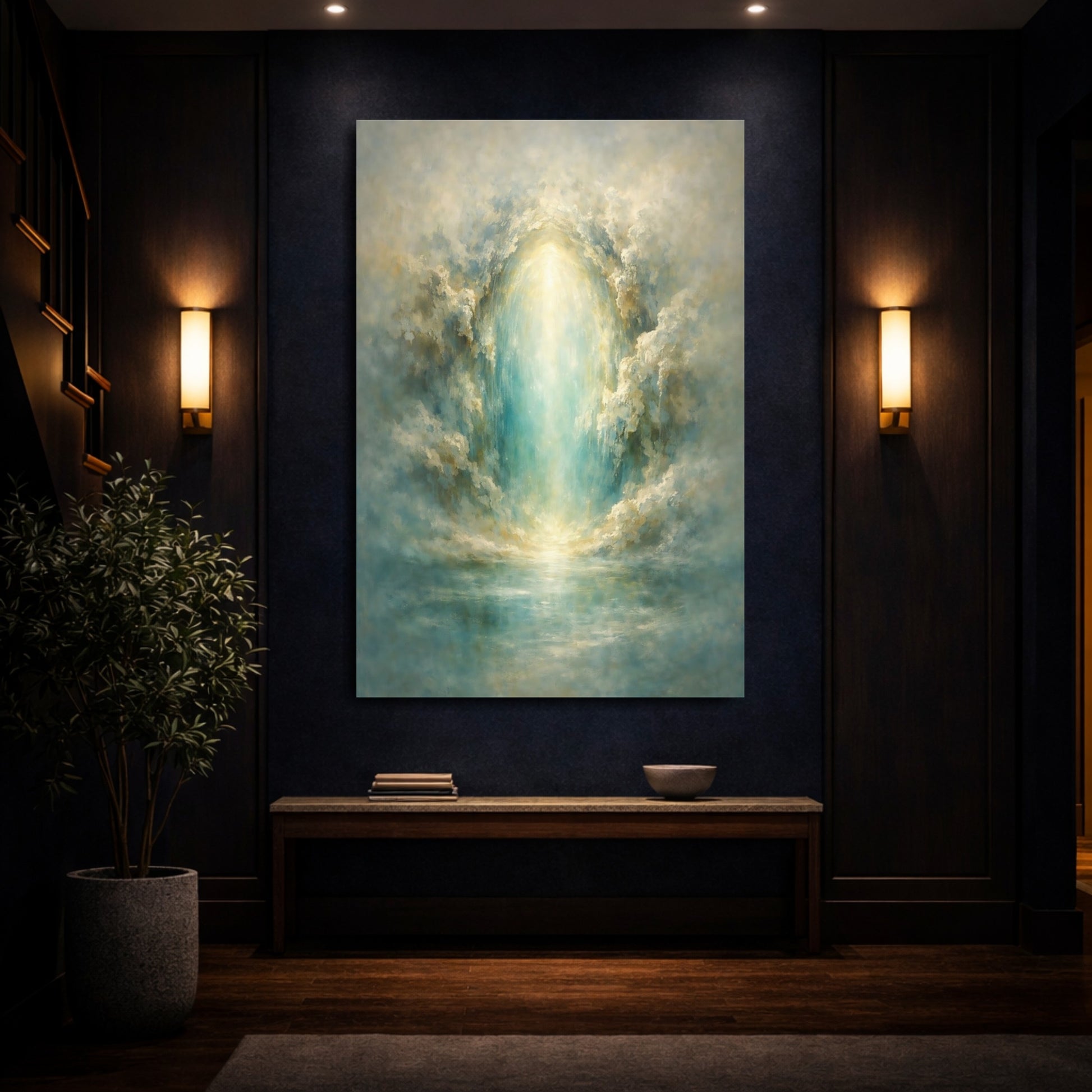 Mockup 3. Abstract Light Portal Teal And Gold Abstract shown as stretched canvas wall art