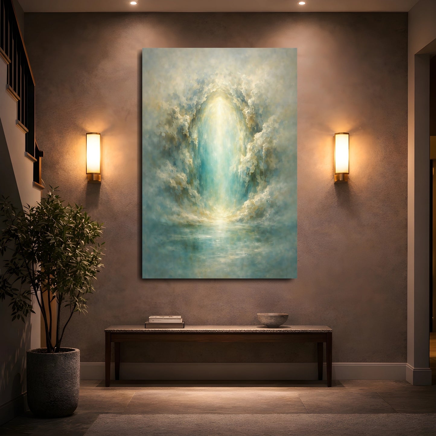 Mockup 4. Abstract Light Portal Teal And Gold Abstract shown as stretched canvas wall art