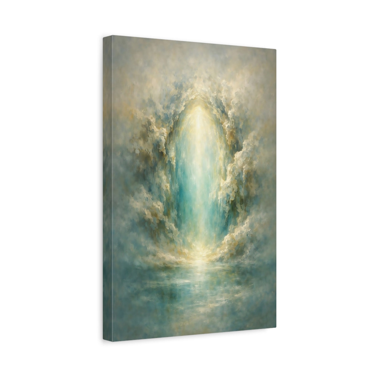 Side Mockup 4. Abstract Light Portal Teal And Gold Abstract shown as stretched canvas wall art