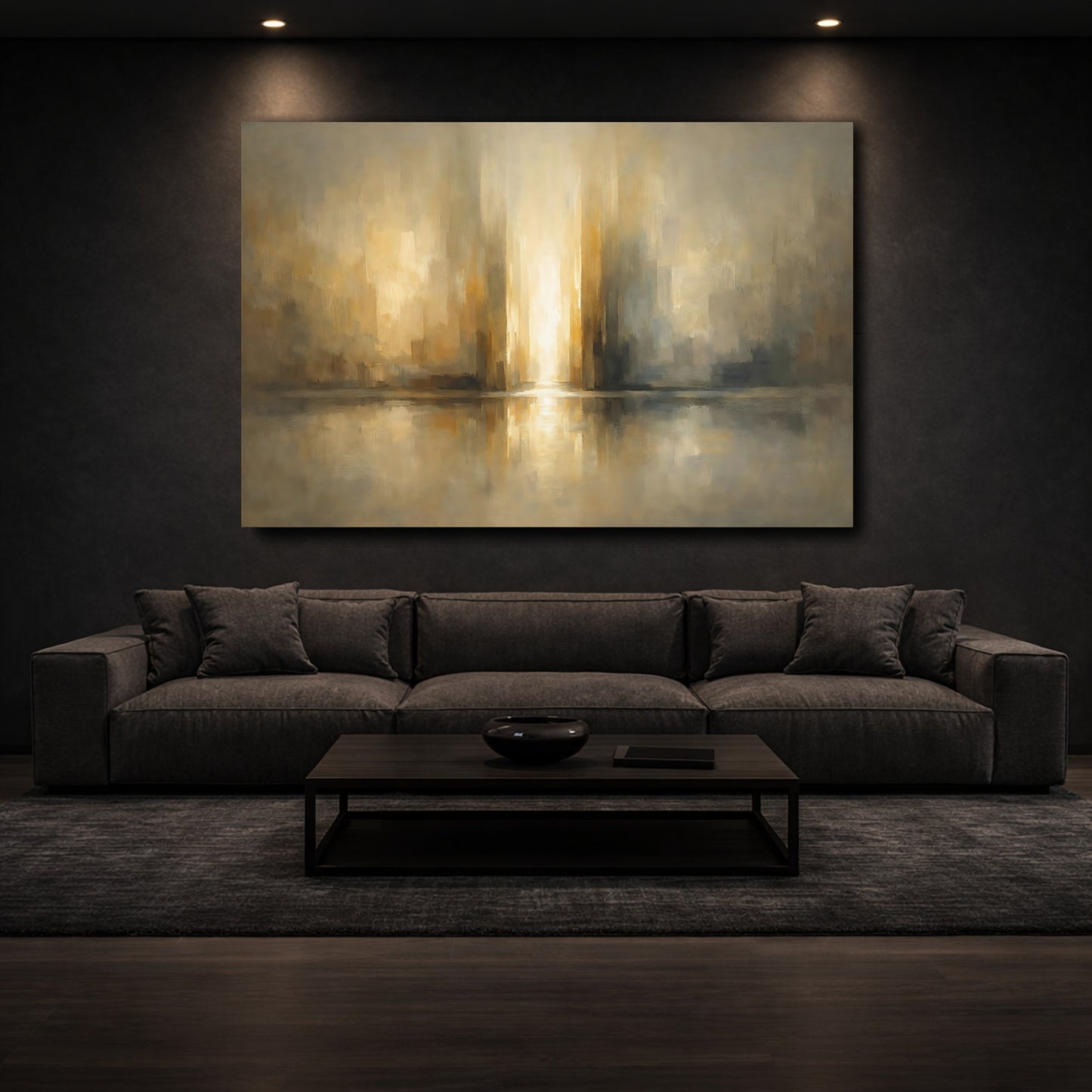 Mockup 2. Abstract Light Reflection Golden Abstract shown as stretched canvas wall art