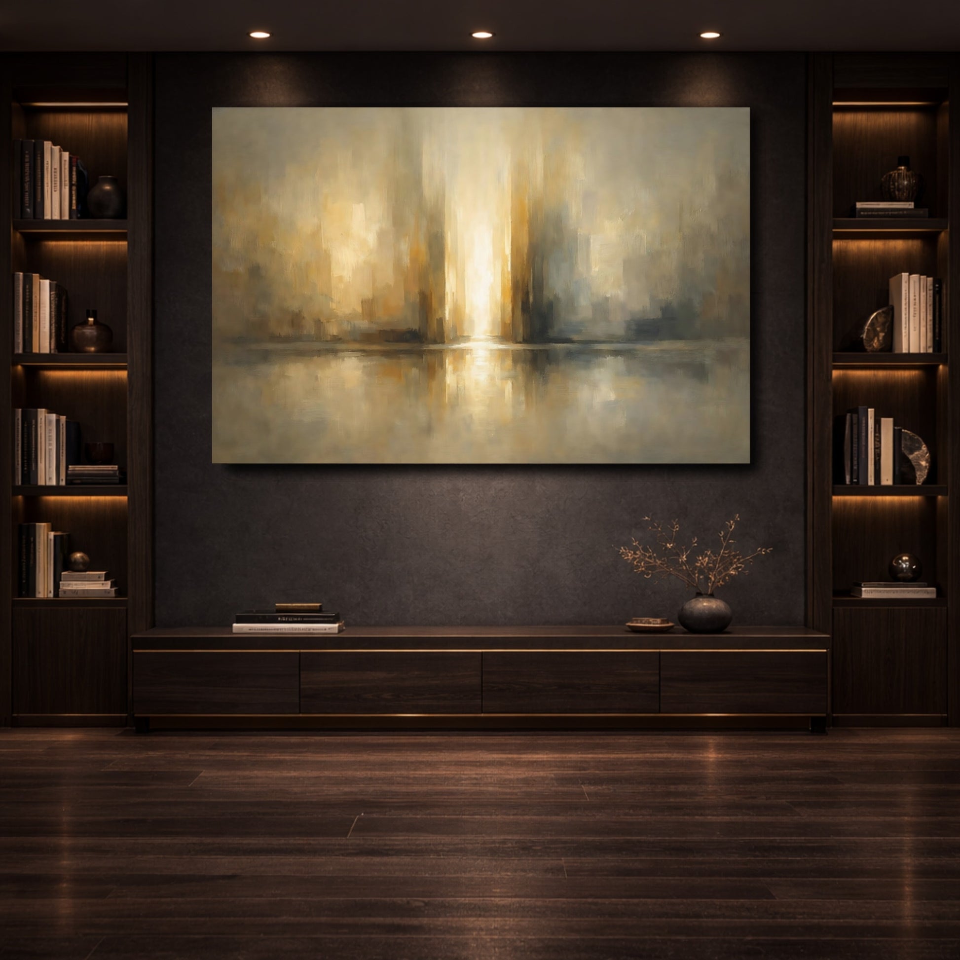 Mockup 3. Abstract Light Reflection Golden Abstract shown as stretched canvas wall art