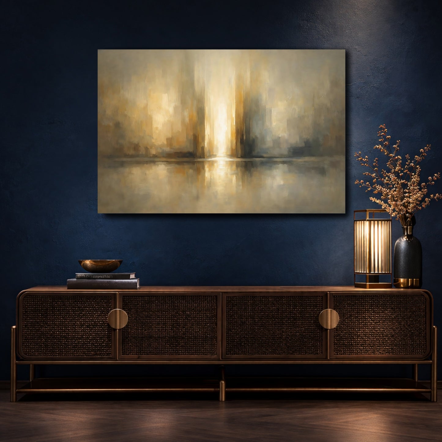 Mockup 4. Abstract Light Reflection Golden Abstract shown as stretched canvas wall art