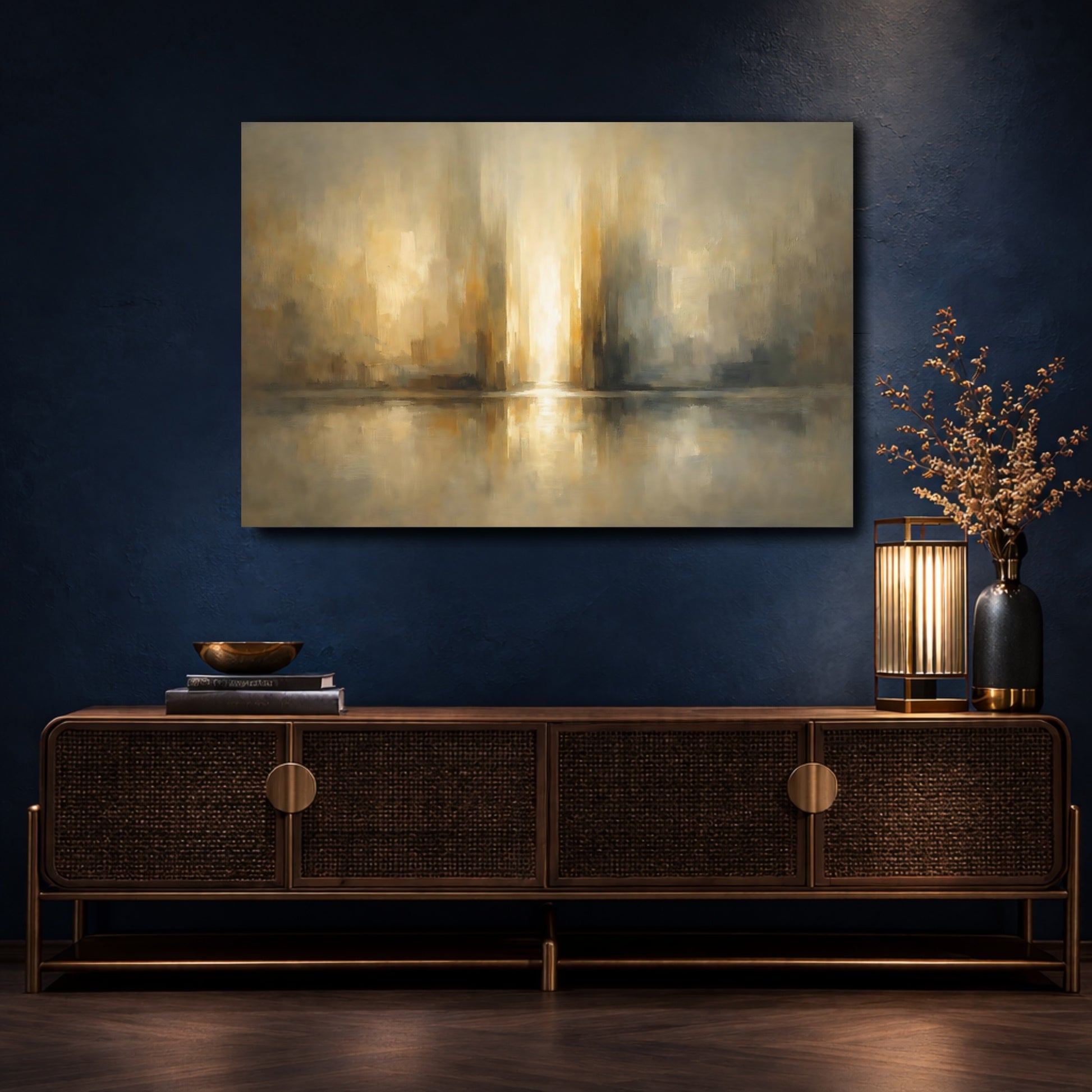 Mockup 4. Abstract Light Reflection Golden Abstract shown as stretched canvas wall art
