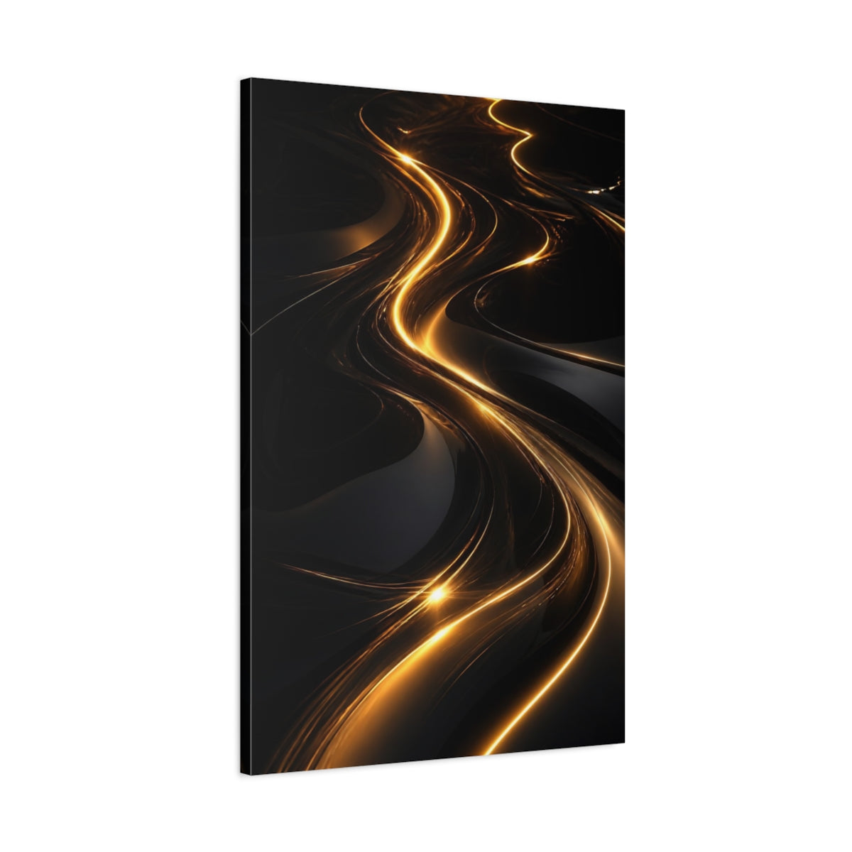Main Mockup. Abstract Light Streaks Golden And Black shown as stretched canvas wall art