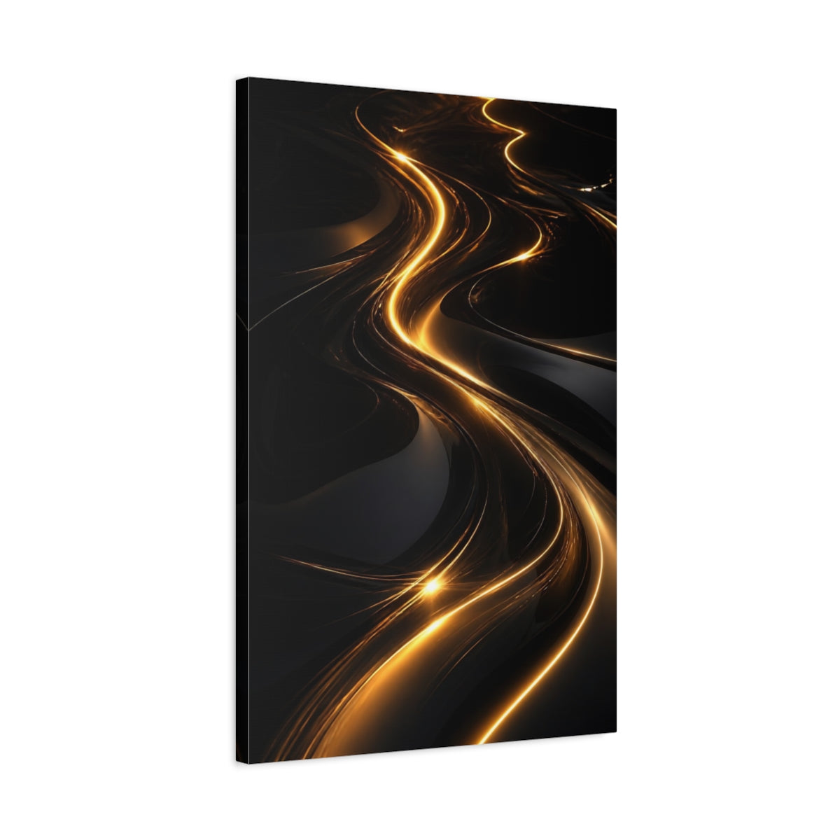 Side Mockup 2. Abstract Light Streaks Golden And Black shown as stretched canvas wall art