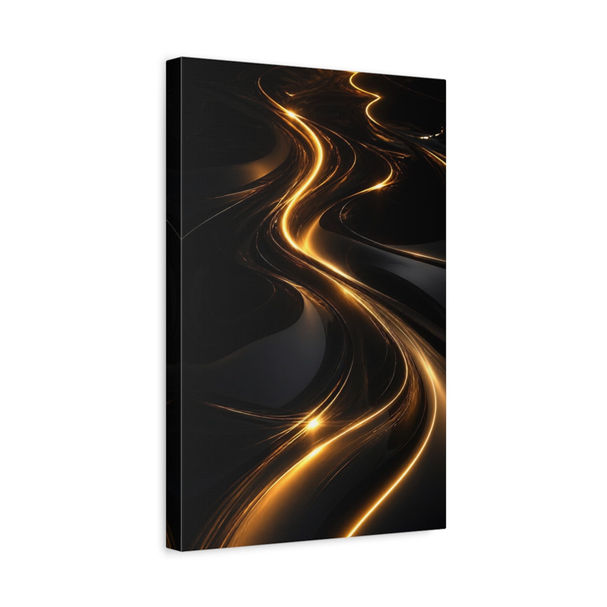Side Mockup 4. Abstract Light Streaks Golden And Black shown as stretched canvas wall art