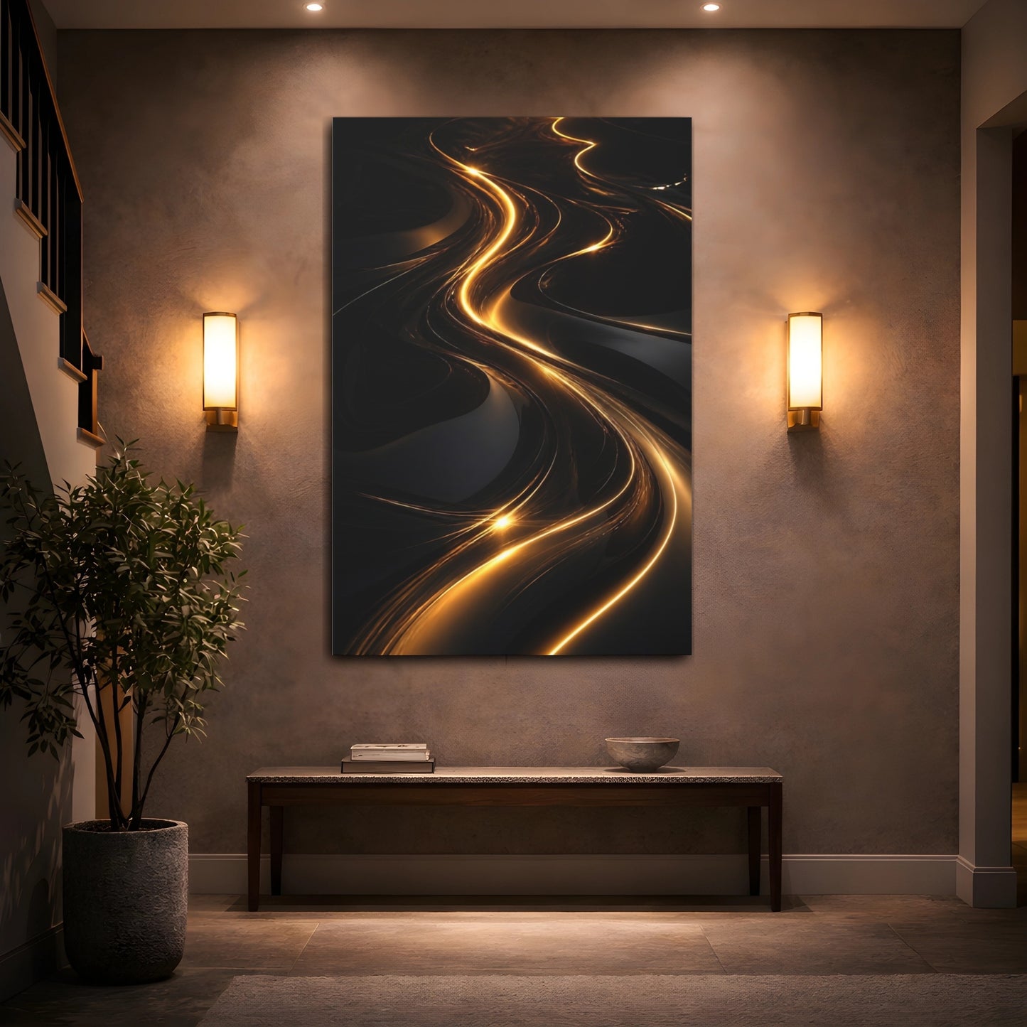 Mockup 2. Abstract Light Streaks Golden And Black shown as stretched canvas wall art