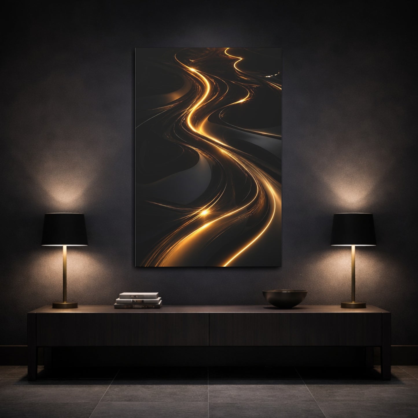 Mockup 3. Abstract Light Streaks Golden And Black shown as stretched canvas wall art