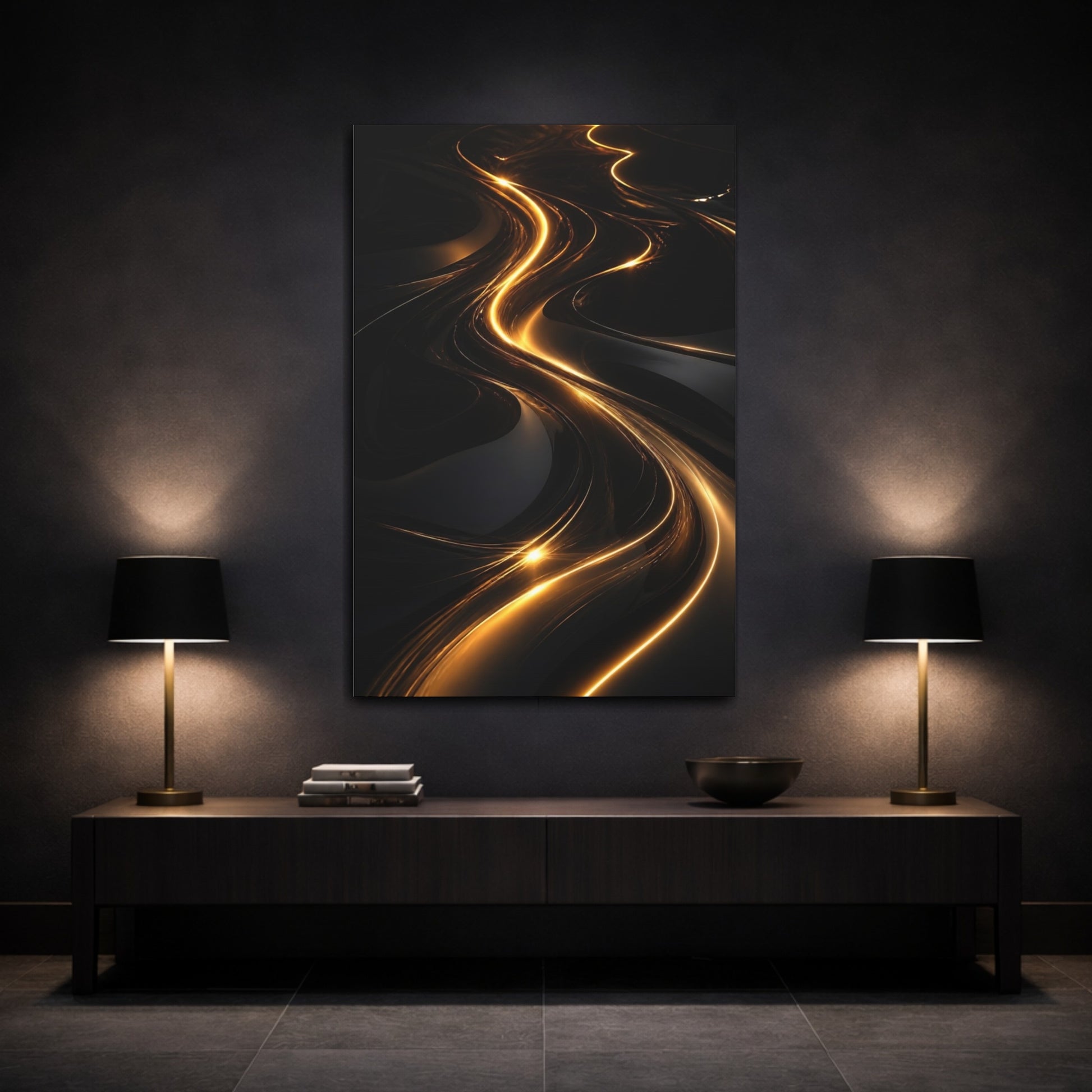 Mockup 3. Abstract Light Streaks Golden And Black shown as stretched canvas wall art