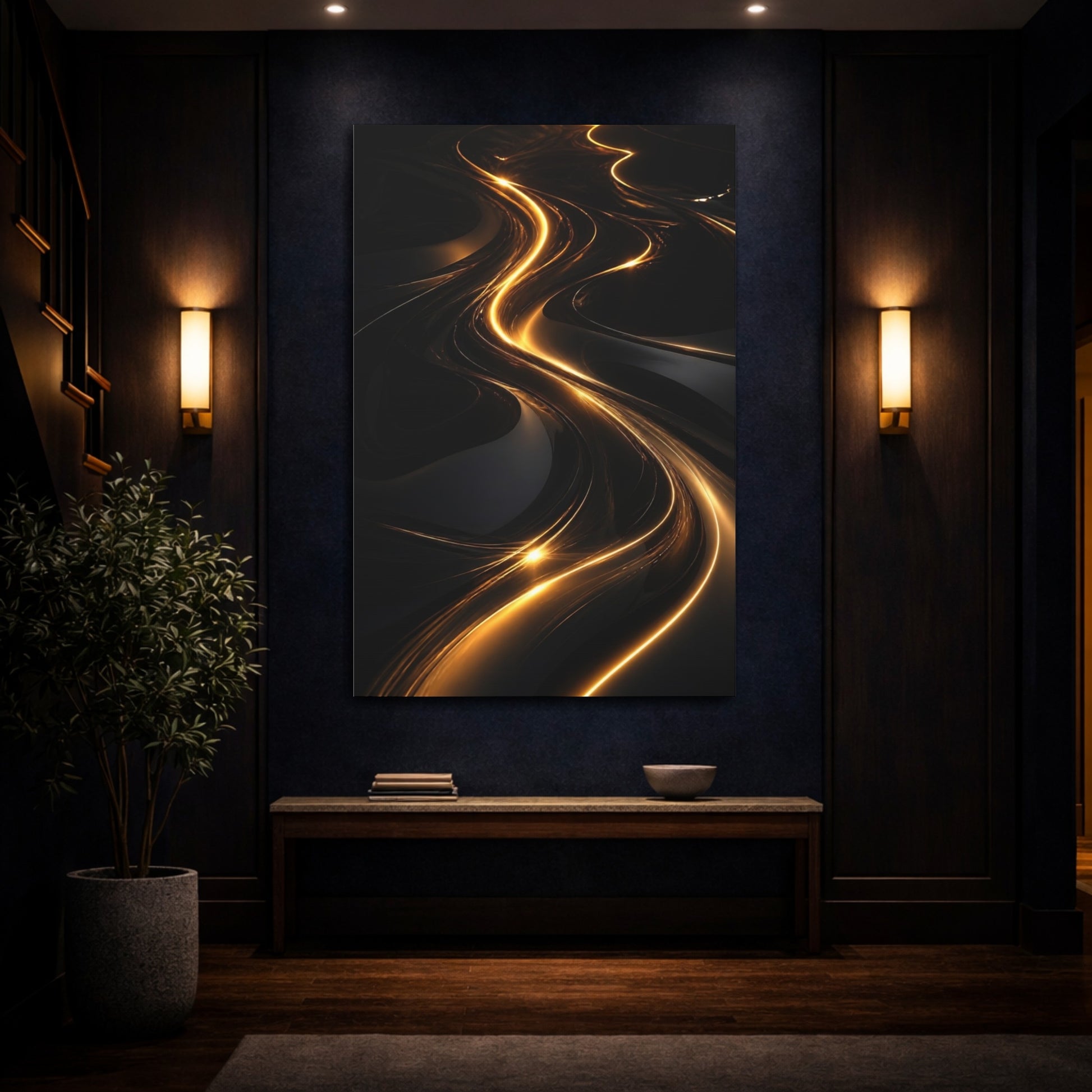 Mockup 4. Abstract Light Streaks Golden And Black shown as stretched canvas wall art