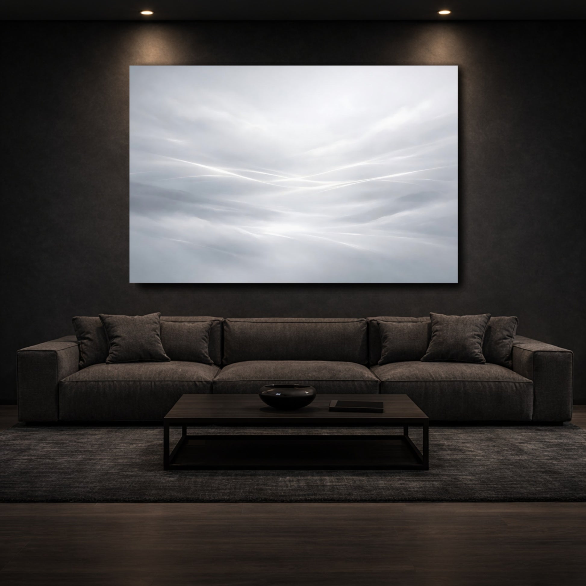 Mockup 2. Abstract Light Streaks White Gray Abstract shown as stretched canvas wall art