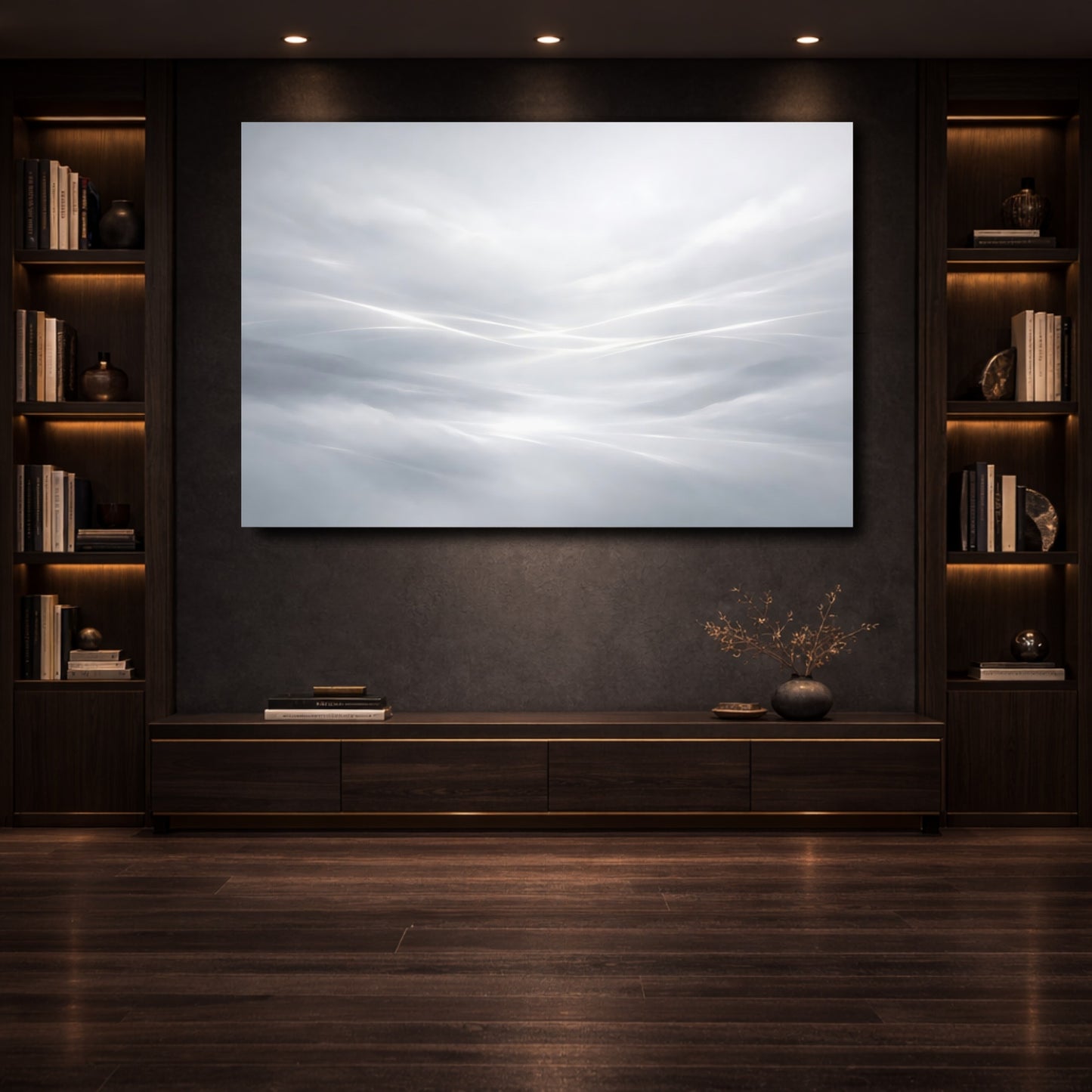 Mockup 3. Abstract Light Streaks White Gray Abstract shown as stretched canvas wall art
