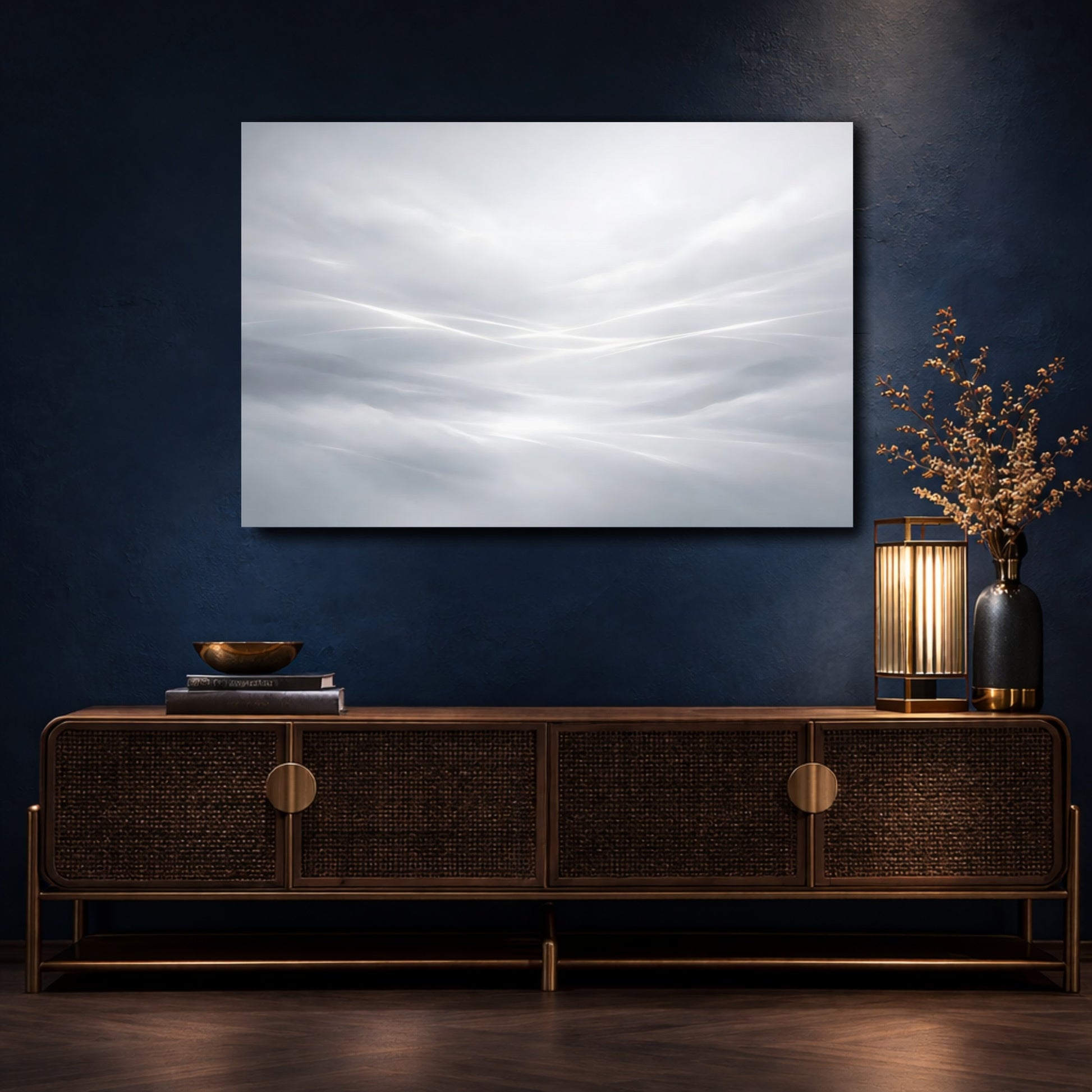 Mockup 4. Abstract Light Streaks White Gray Abstract shown as stretched canvas wall art