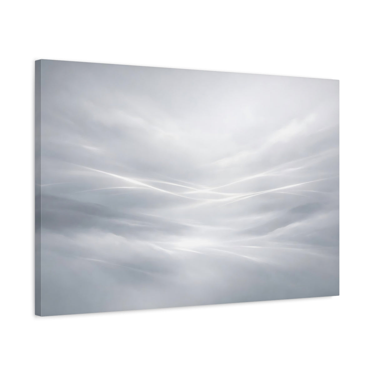 Side Mockup 2. Abstract Light Streaks White Gray Abstract shown as stretched canvas wall art