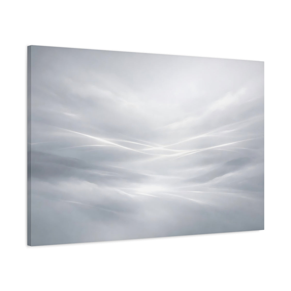 Side Mockup 1. Abstract Light Streaks White Gray Abstract shown as stretched canvas wall art