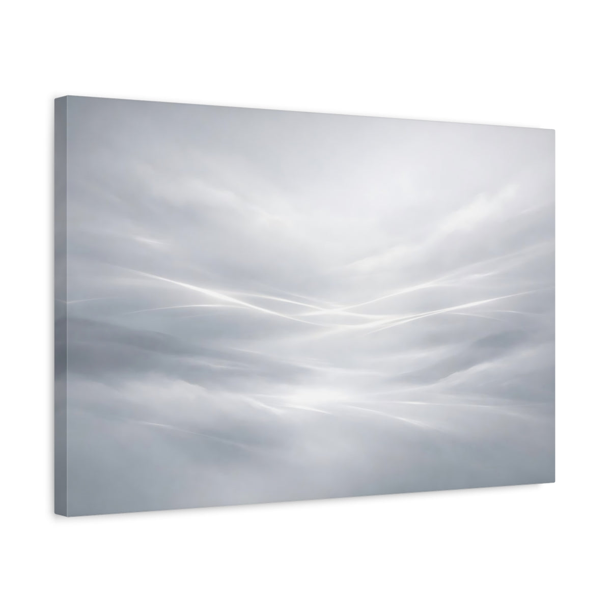 Side Mockup 3. Abstract Light Streaks White Gray Abstract shown as stretched canvas wall art