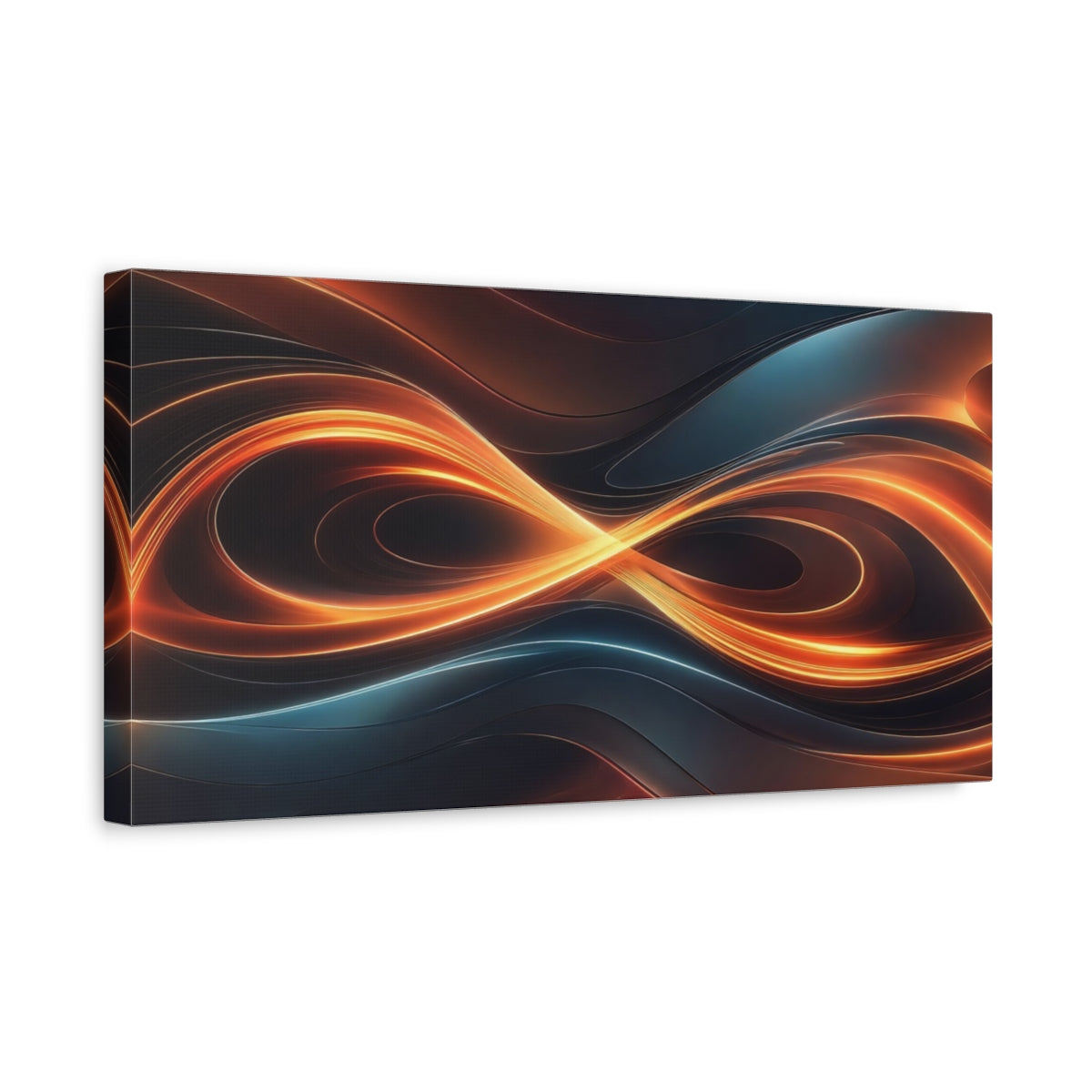 Side Mockup 3. Abstract Light Trails Orange And Blue shown as stretched canvas wall art