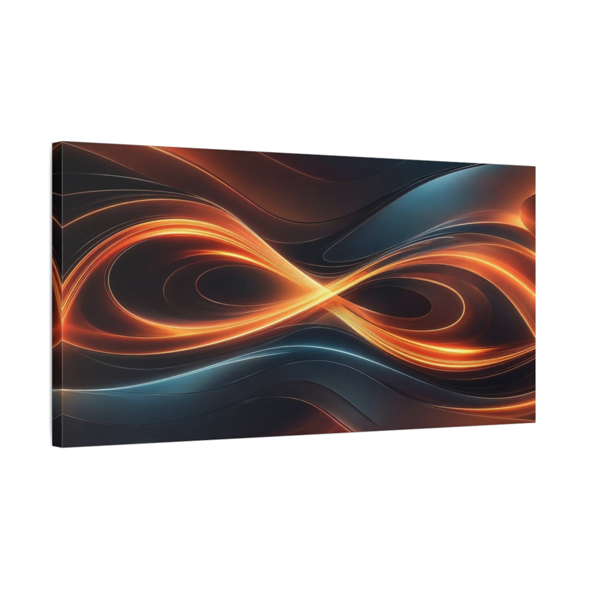 Side Mockup 1. Abstract Light Trails Orange And Blue shown as stretched canvas wall art