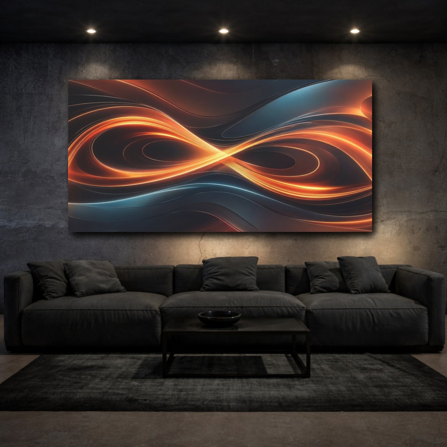 Mockup 2. Abstract Light Trails Orange And Blue shown as stretched canvas wall art