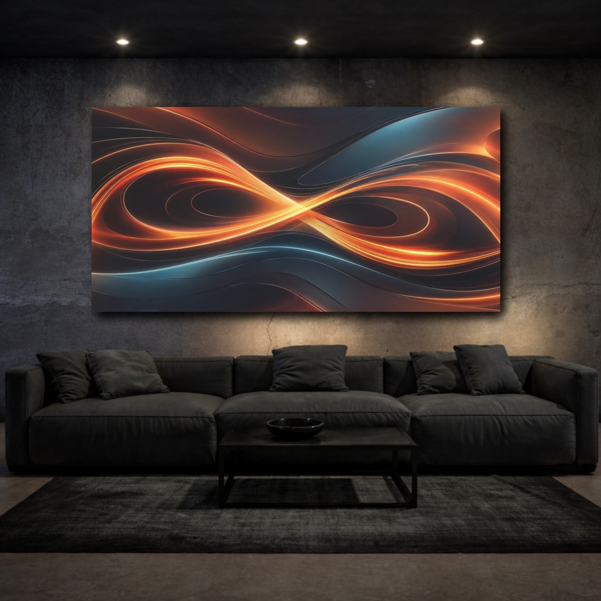 Mockup 2. Abstract Light Trails Orange And Blue shown as stretched canvas wall art