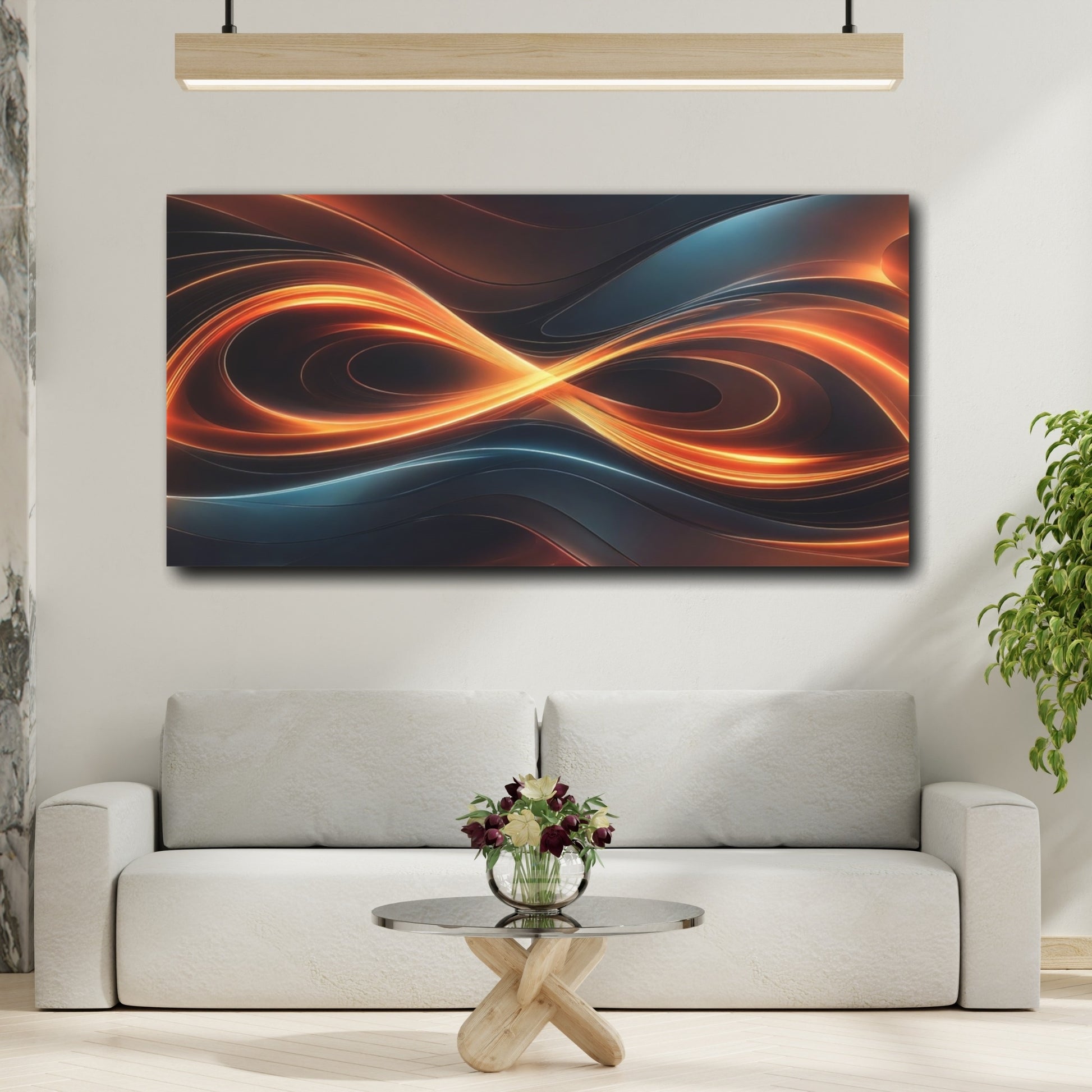 Mockup 3. Abstract Light Trails Orange And Blue shown as stretched canvas wall art