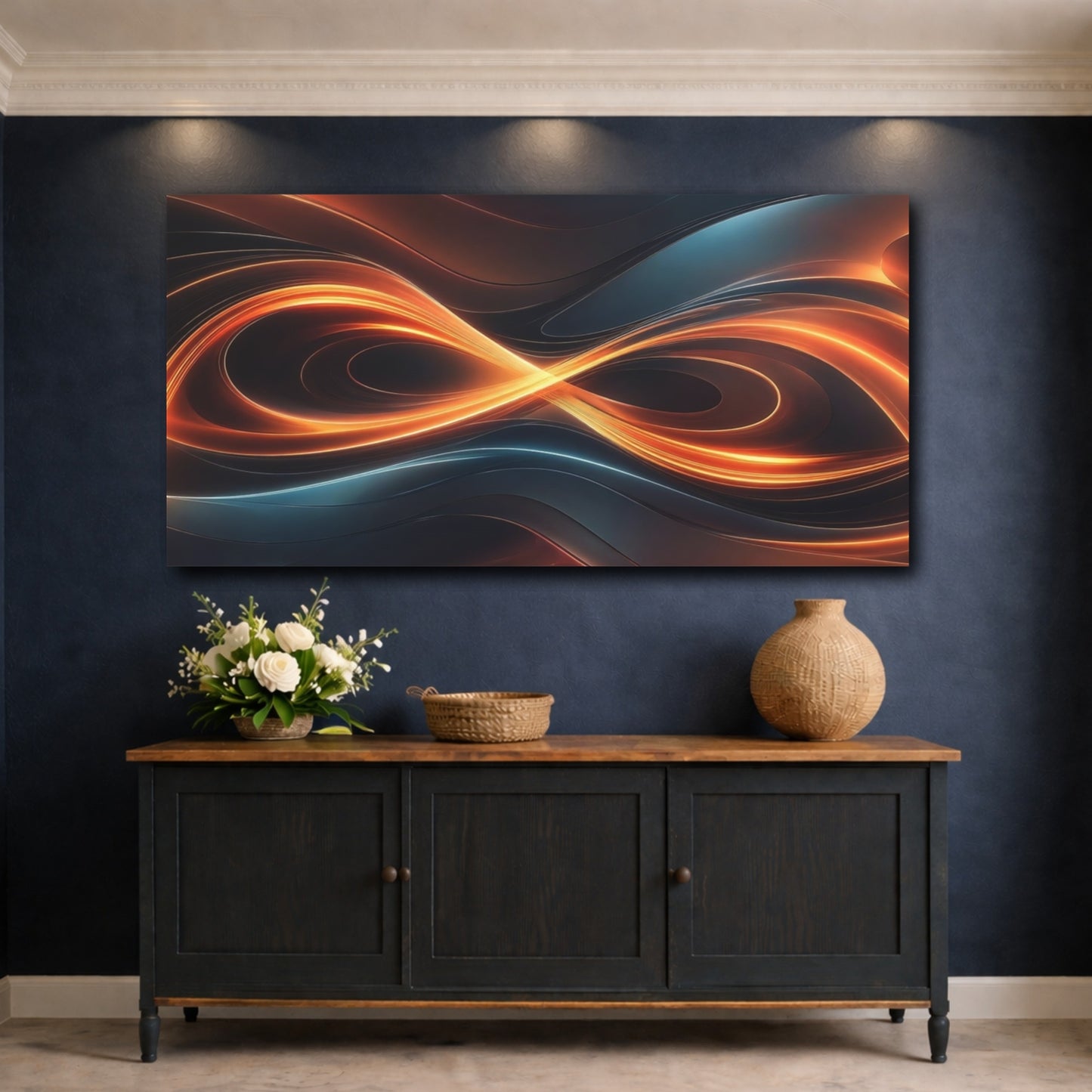 Mockup 4. Abstract Light Trails Orange And Blue shown as stretched canvas wall art
