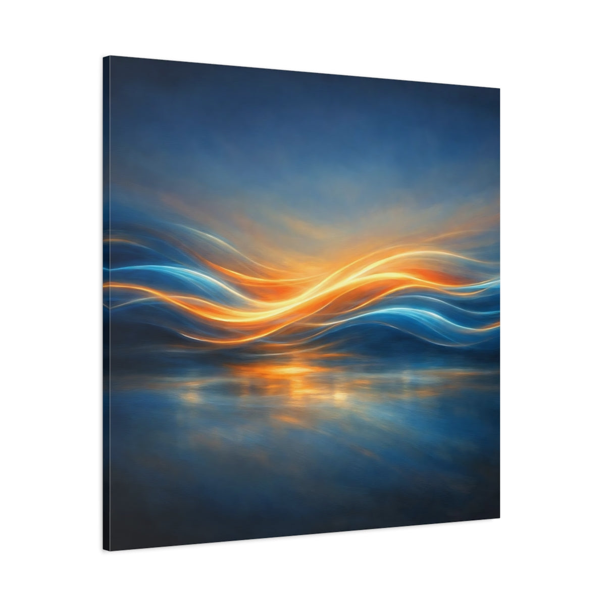 Main Mockup. Abstract Light Waves Blue Orange Abstract shown as stretched canvas wall art
