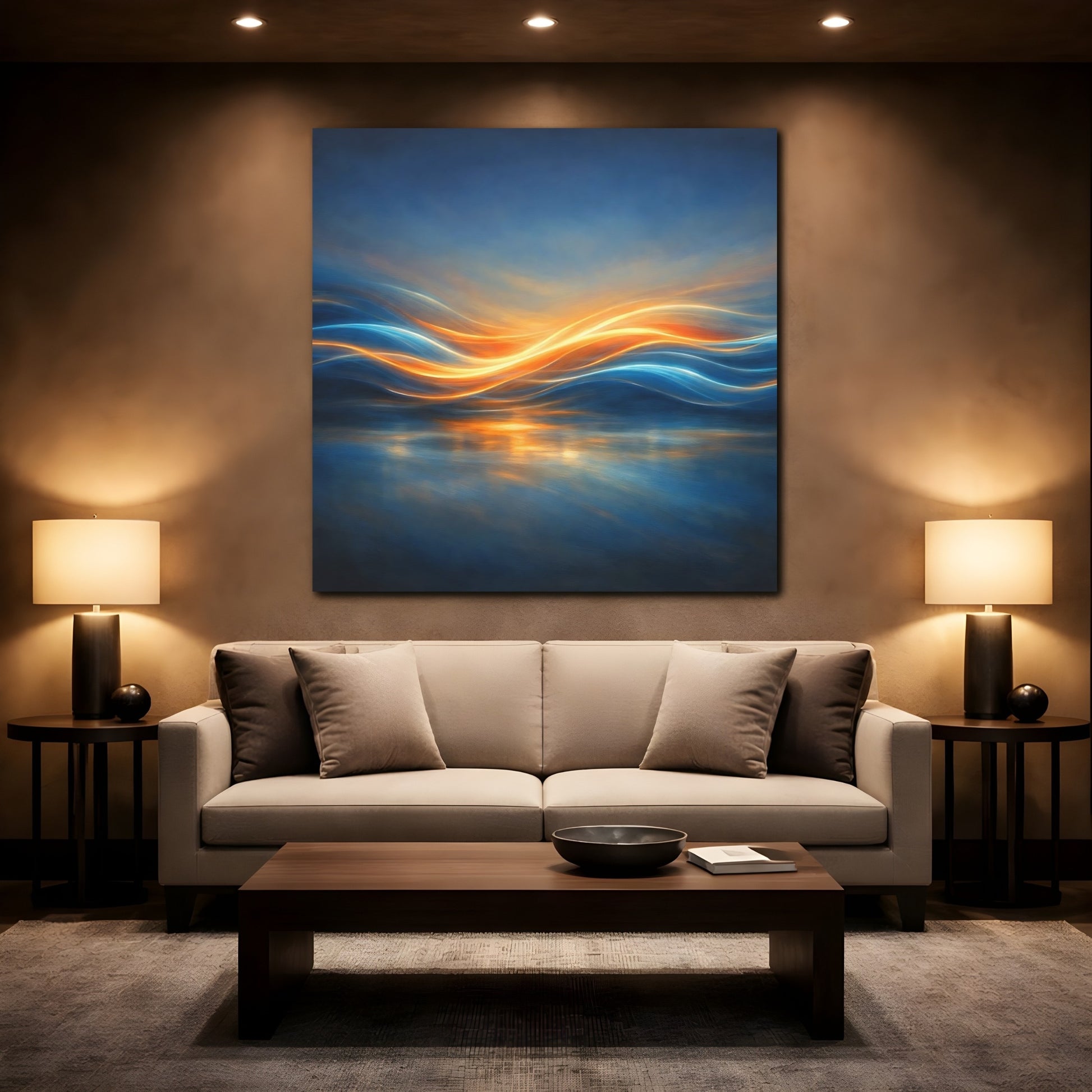 Mockup 2. Abstract Light Waves Blue Orange Abstract shown as stretched canvas wall art
