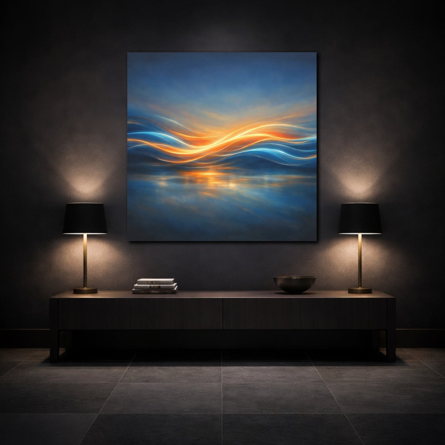 Mockup 3. Abstract Light Waves Blue Orange Abstract shown as stretched canvas wall art