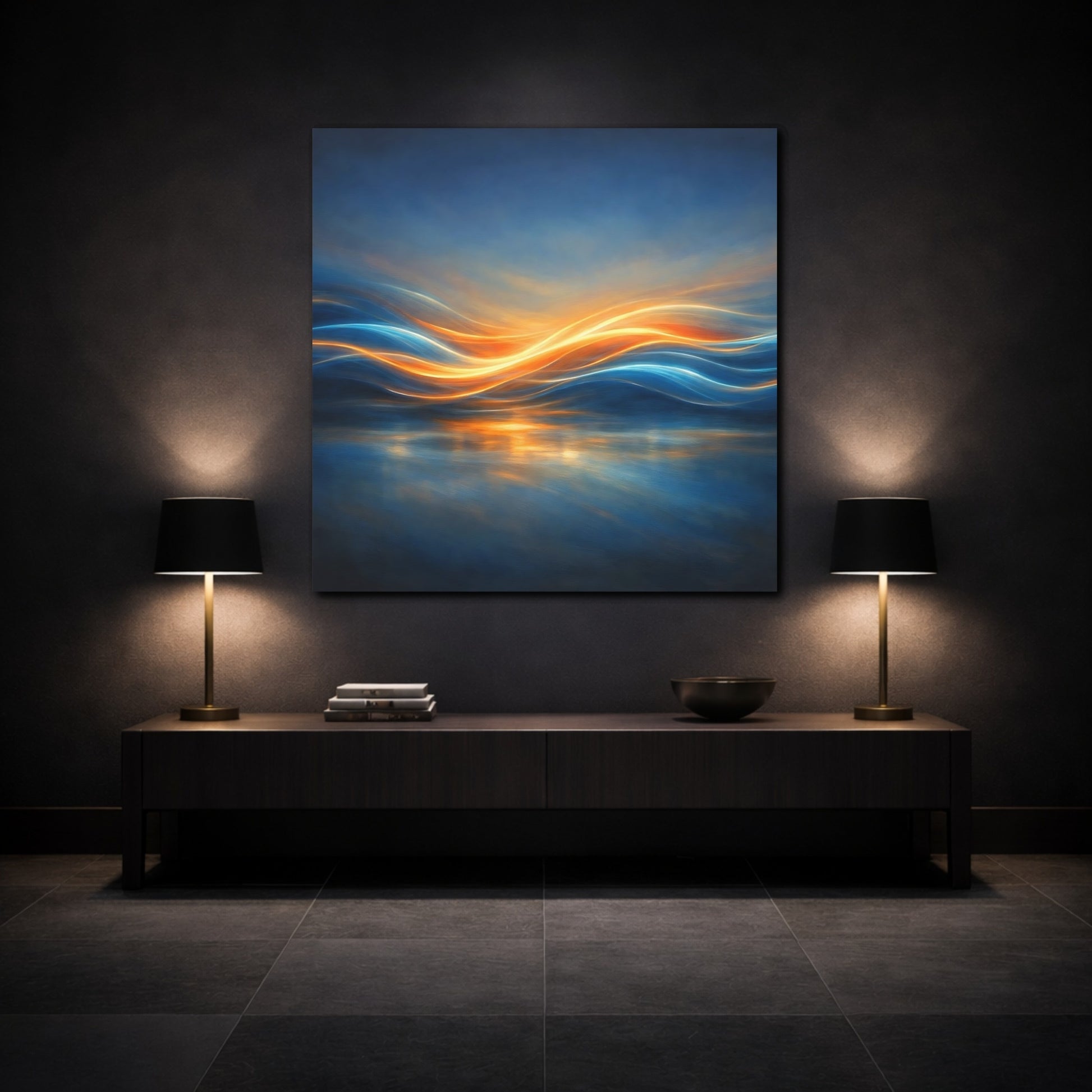 Mockup 3. Abstract Light Waves Blue Orange Abstract shown as stretched canvas wall art