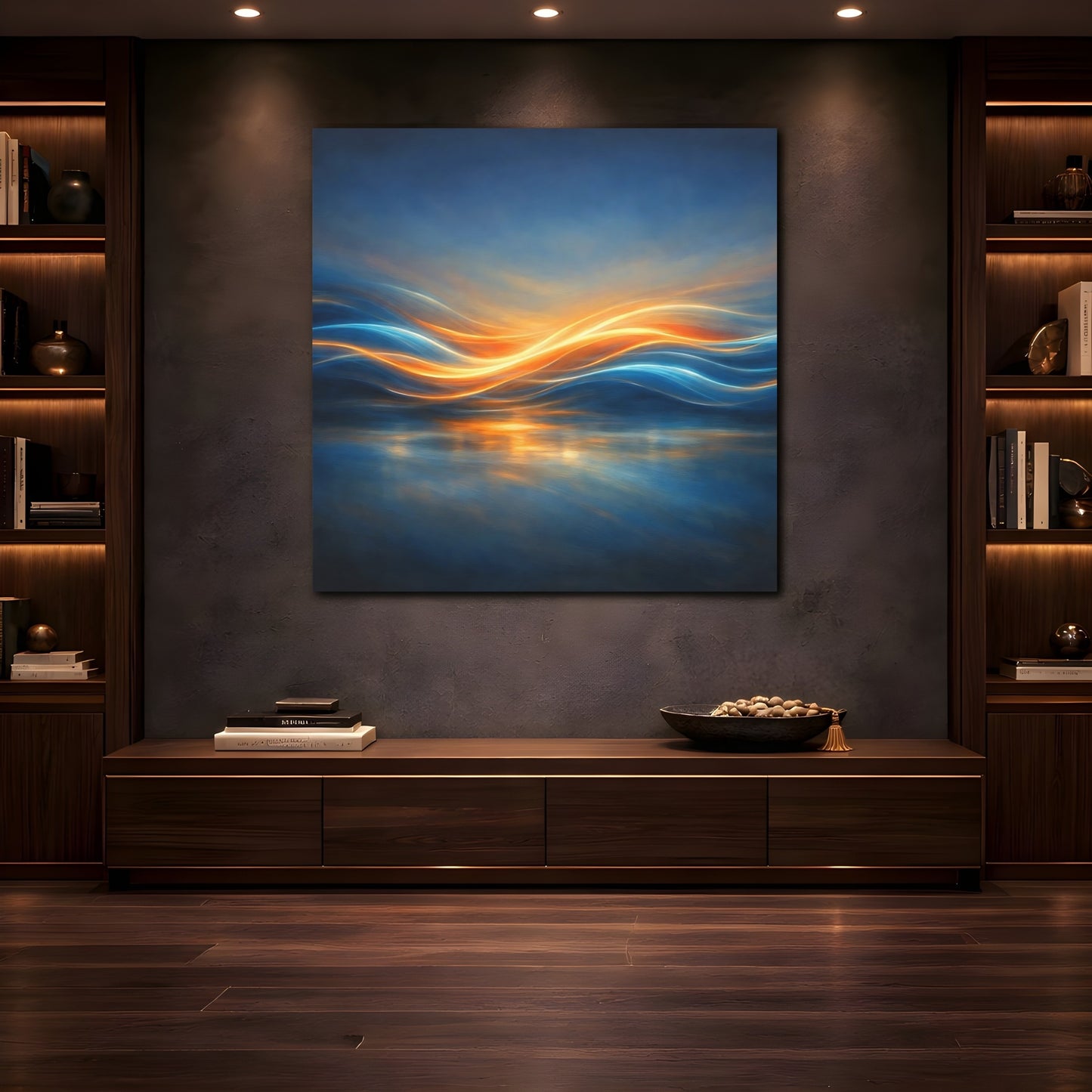 Mockup 4. Abstract Light Waves Blue Orange Abstract shown as stretched canvas wall art