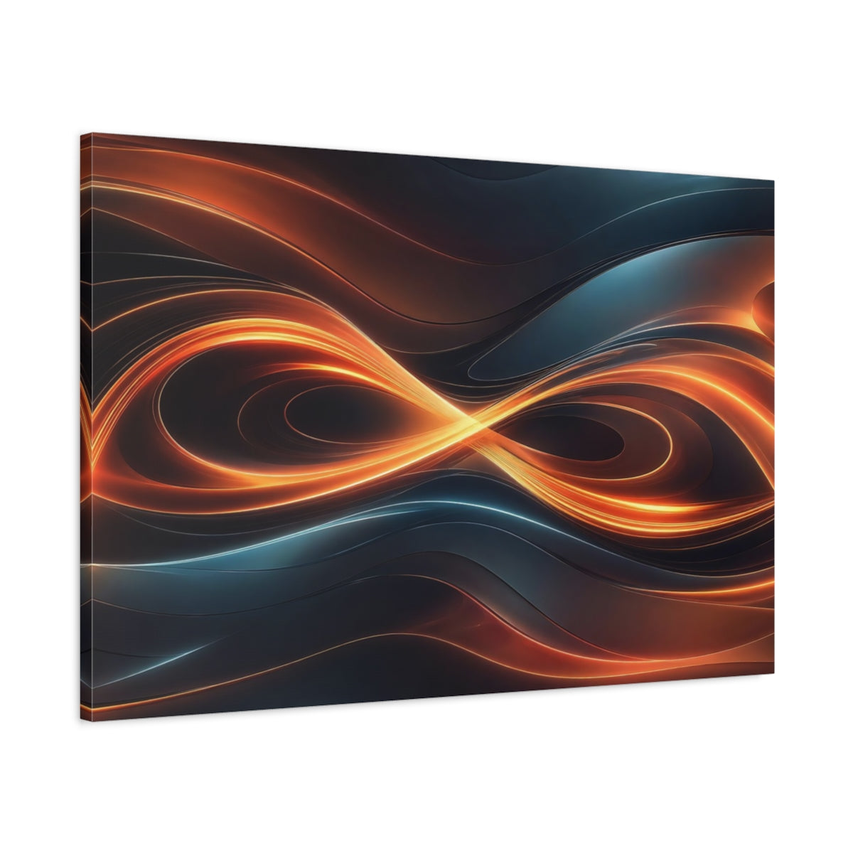 Main Mockup. Abstract Light Waves Orange And Blue shown as stretched canvas wall art