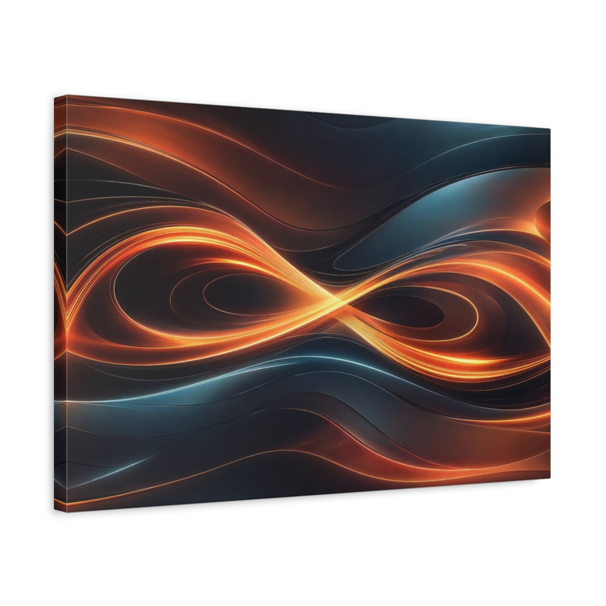 Side Mockup 3. Abstract Light Waves Orange And Blue shown as stretched canvas wall art