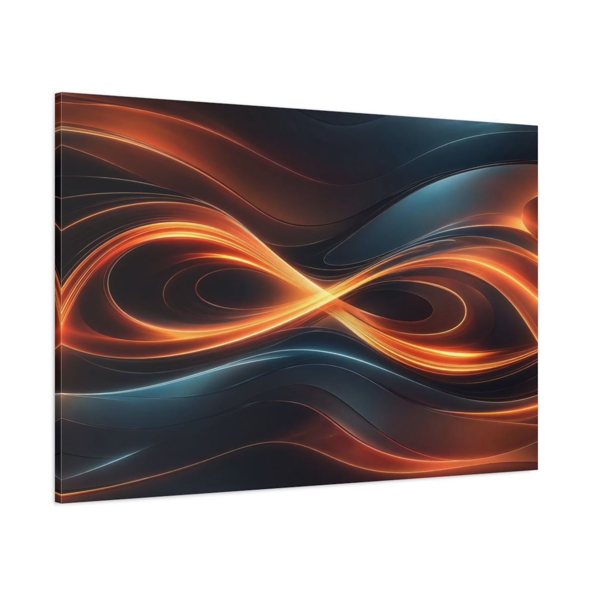 Side Mockup 1. Abstract Light Waves Orange And Blue shown as stretched canvas wall art