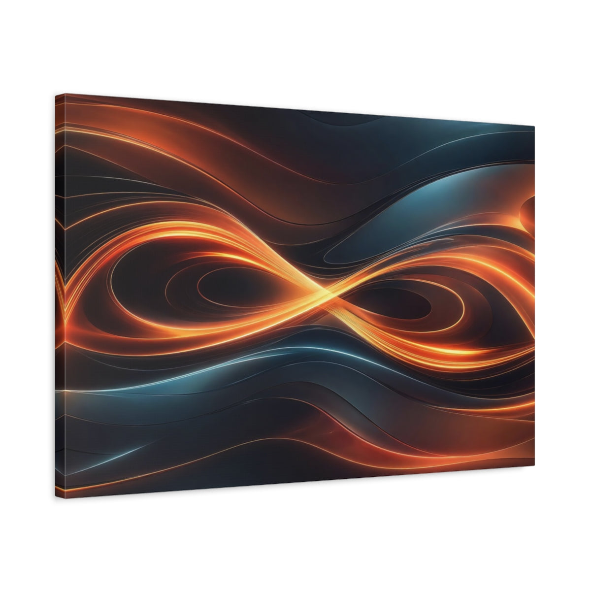 Side Mockup 2. Abstract Light Waves Orange And Blue shown as stretched canvas wall art