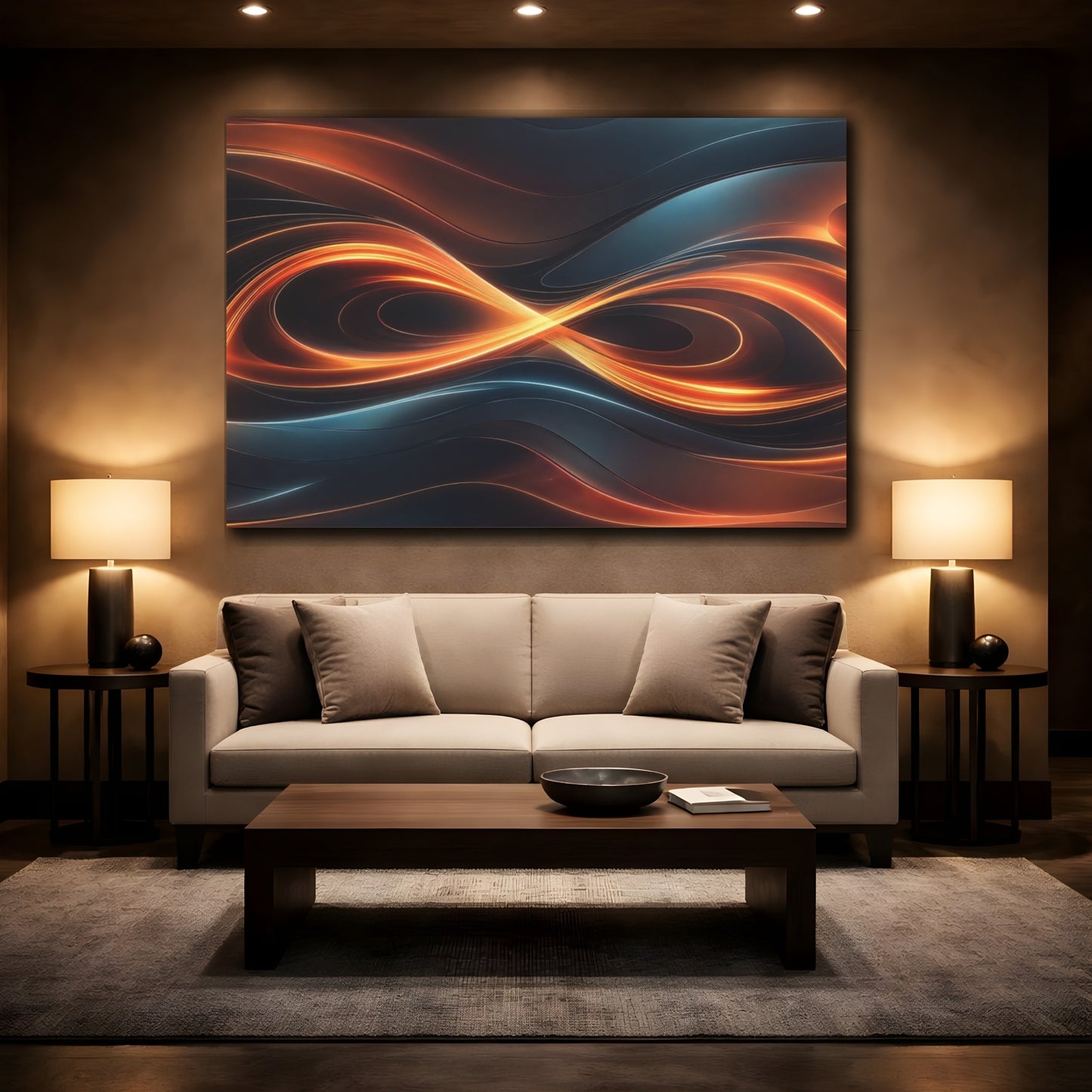 Mockup 2. Abstract Light Waves Orange And Blue shown as stretched canvas wall art