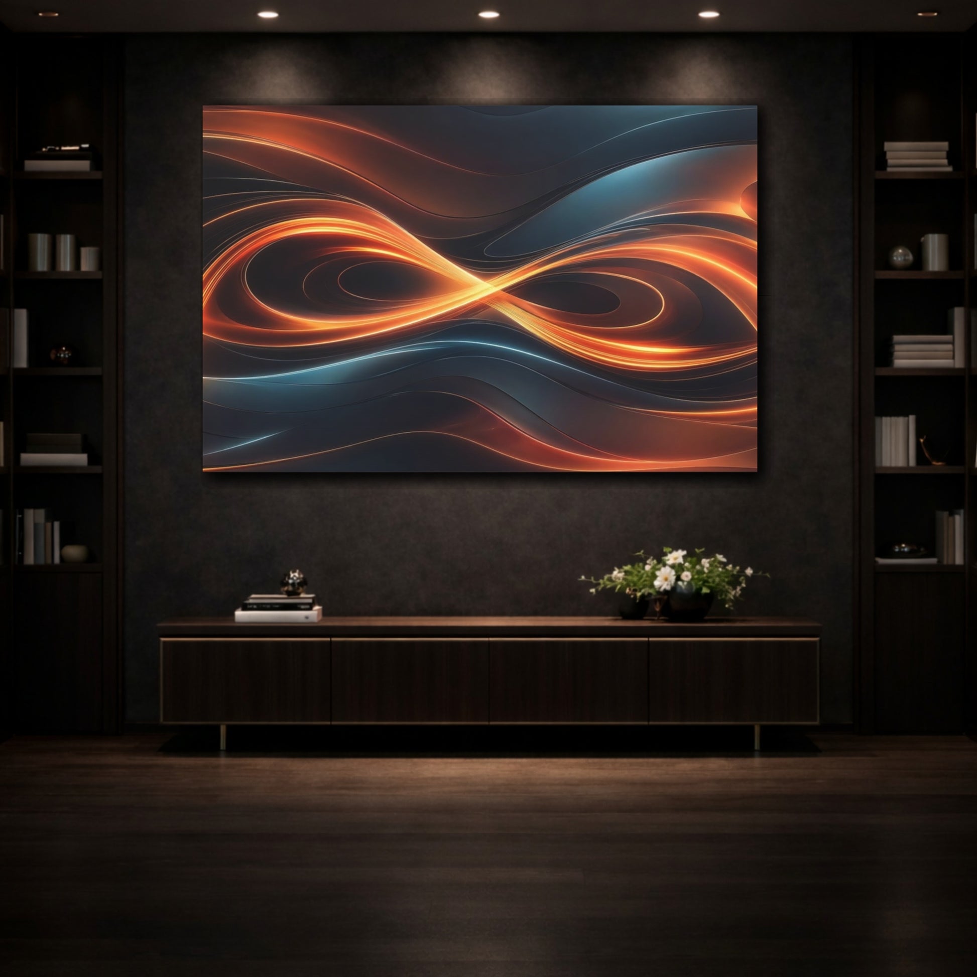 Mockup 3. Abstract Light Waves Orange And Blue shown as stretched canvas wall art
