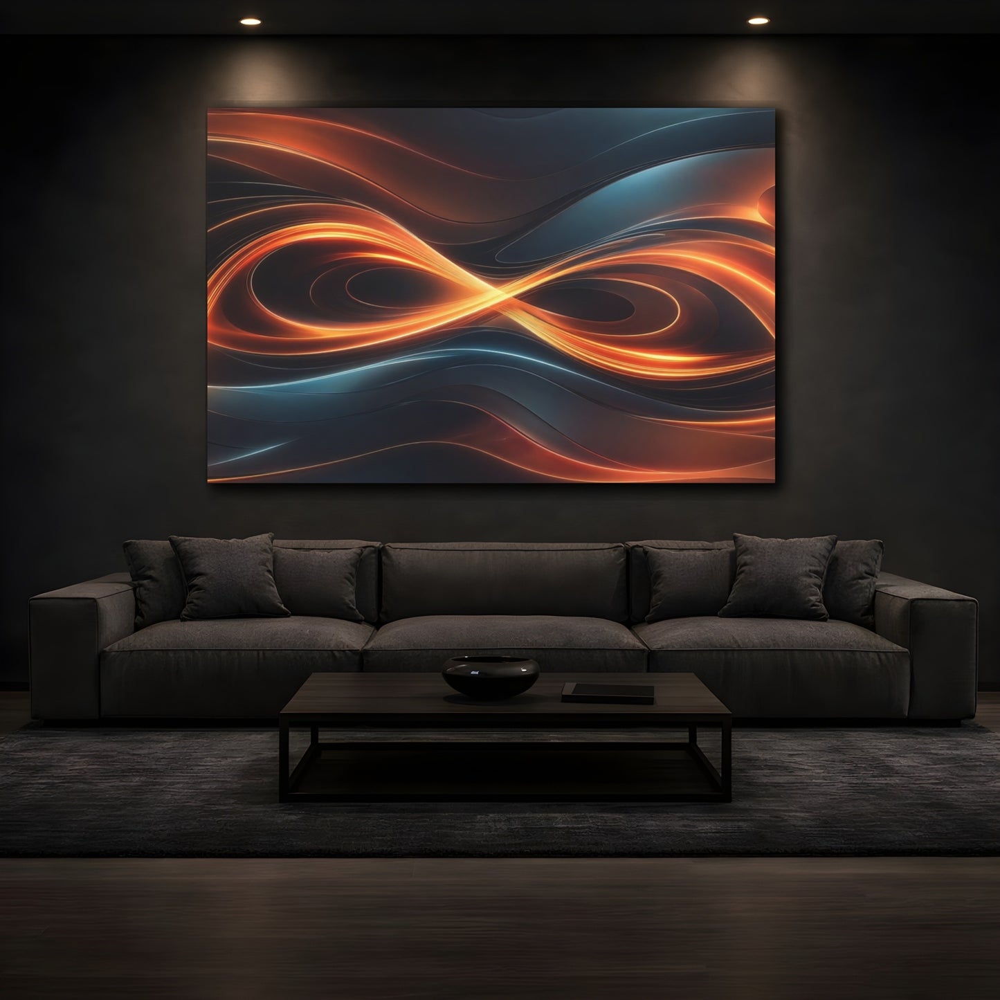 Mockup 4. Abstract Light Waves Orange And Blue shown as stretched canvas wall art