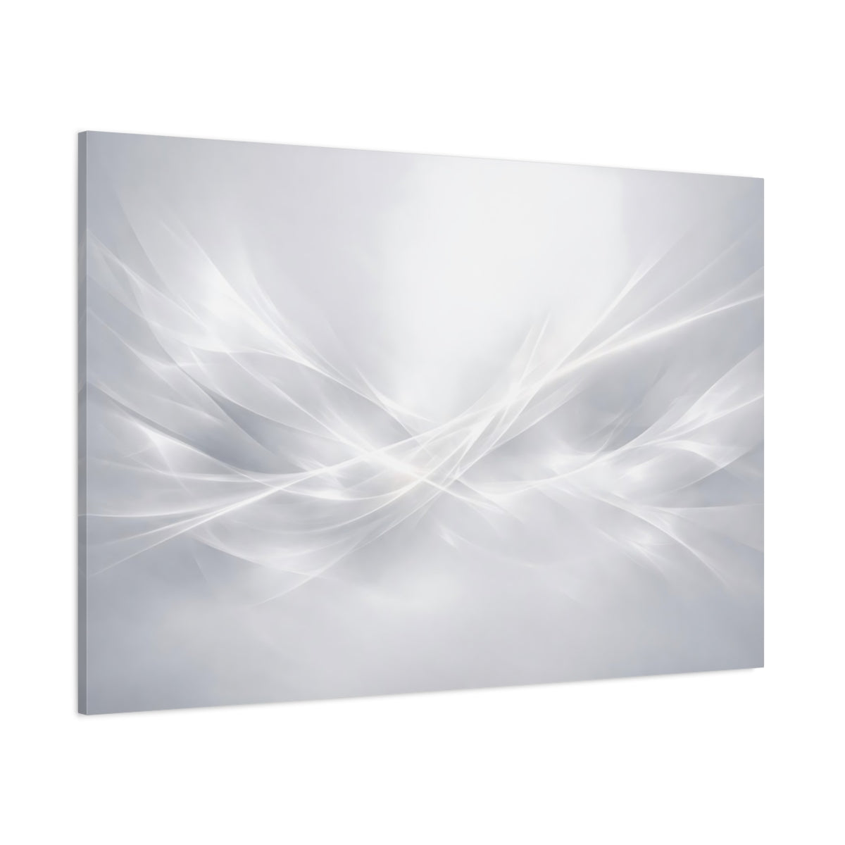 Main Mockup. Abstract Light Waves White Grey shown as stretched canvas wall art