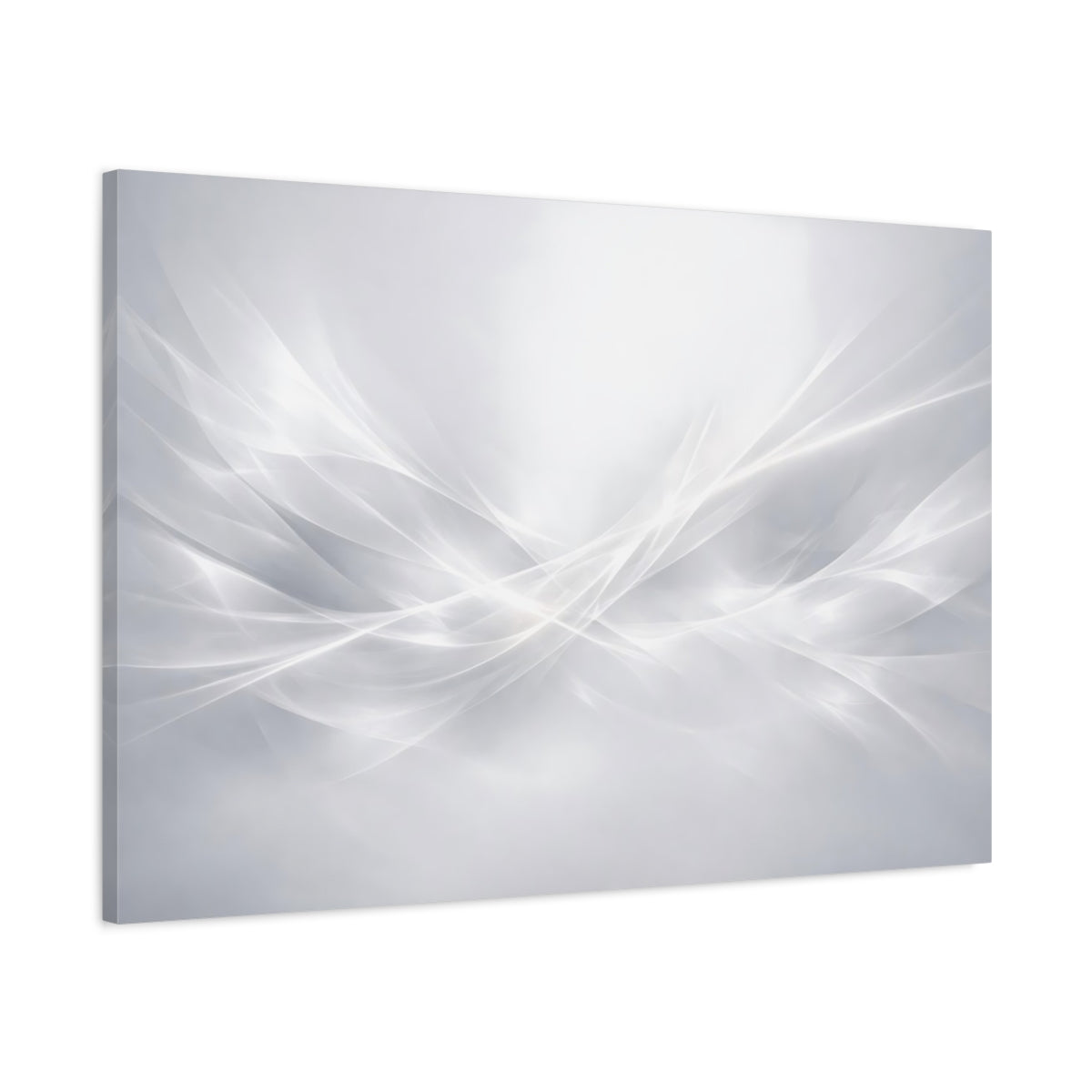 Side Mockup 1. Abstract Light Waves White Grey shown as stretched canvas wall art