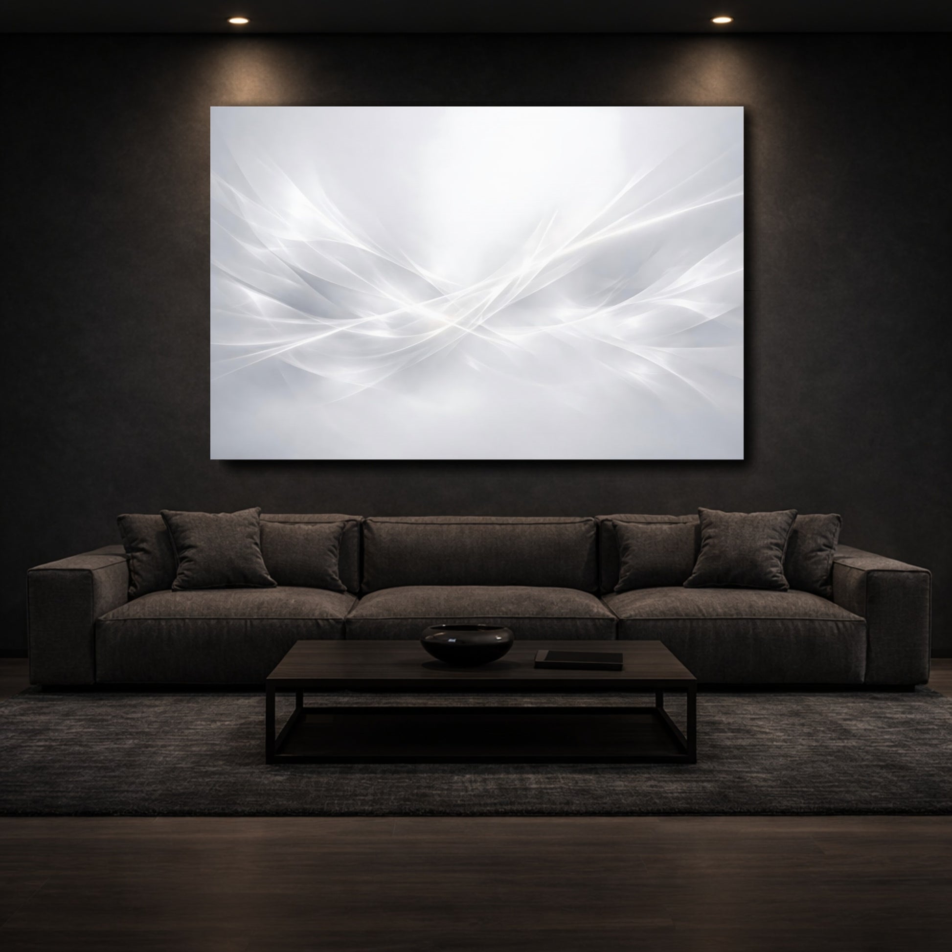 Mockup 2. Abstract Light Waves White Grey shown as stretched canvas wall art