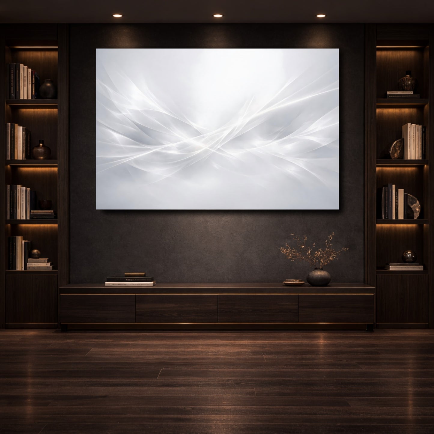 Mockup 3. Abstract Light Waves White Grey shown as stretched canvas wall art