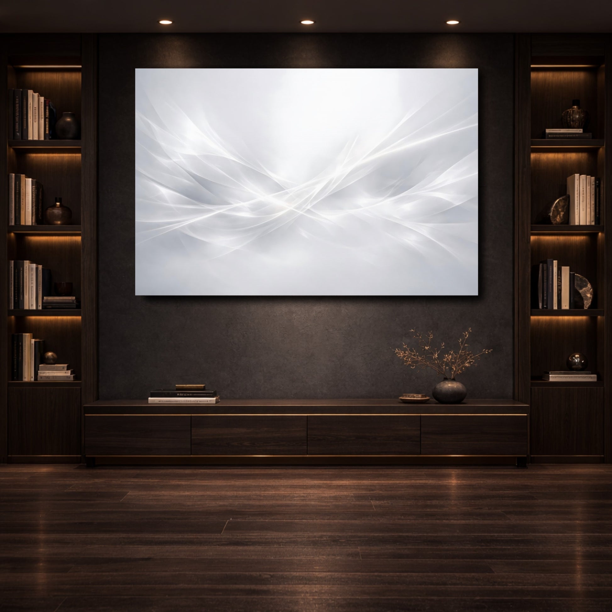 Mockup 3. Abstract Light Waves White Grey shown as stretched canvas wall art