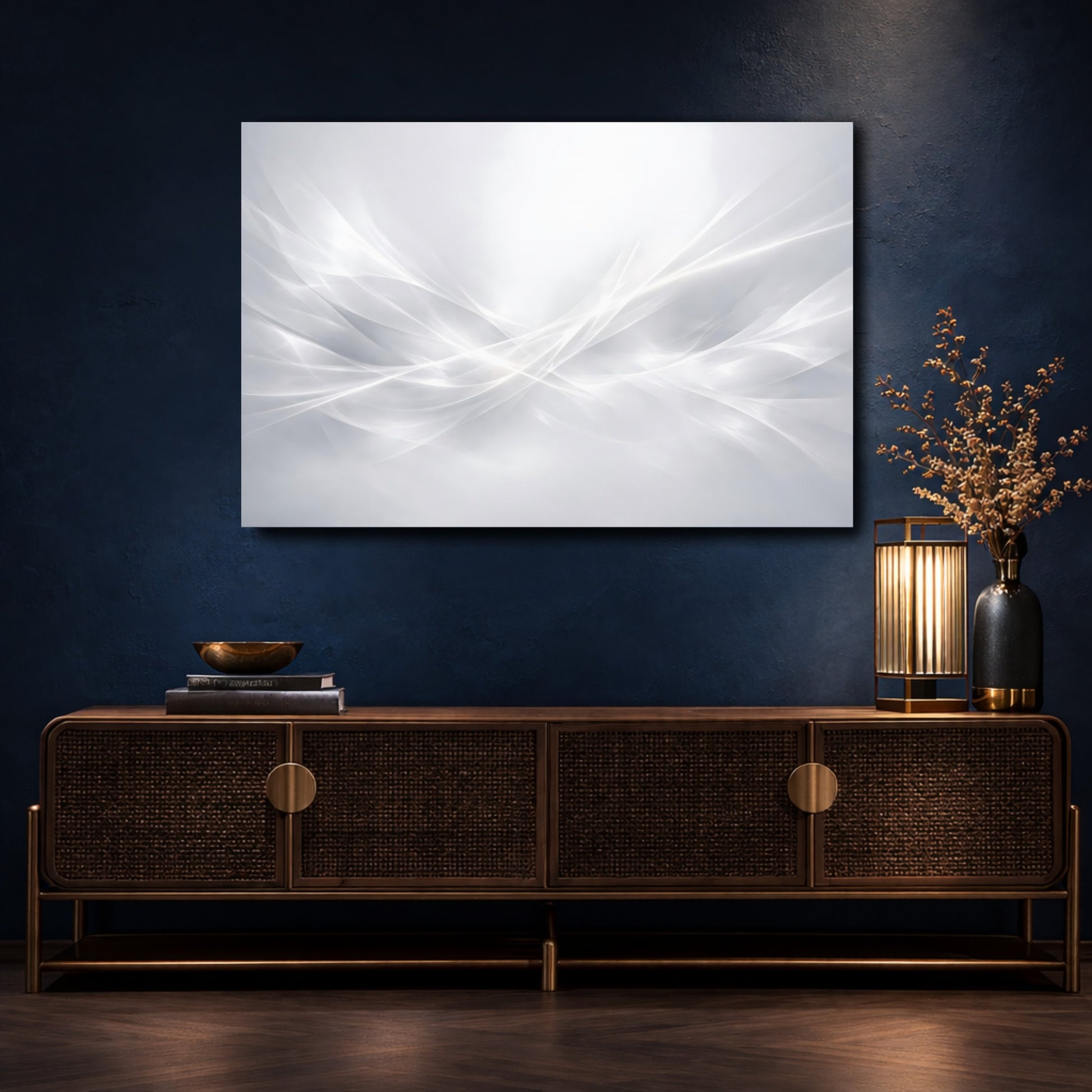 Mockup 4. Abstract Light Waves White Grey shown as stretched canvas wall art