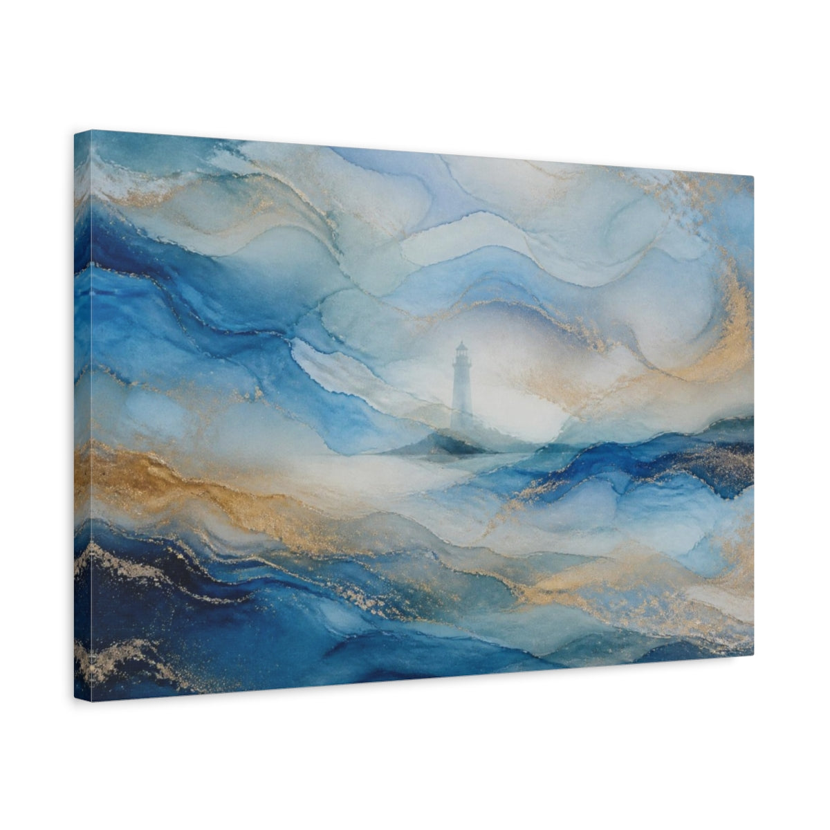 Side Mockup 3. Abstract Lighthouse Seascape shown as canvas print