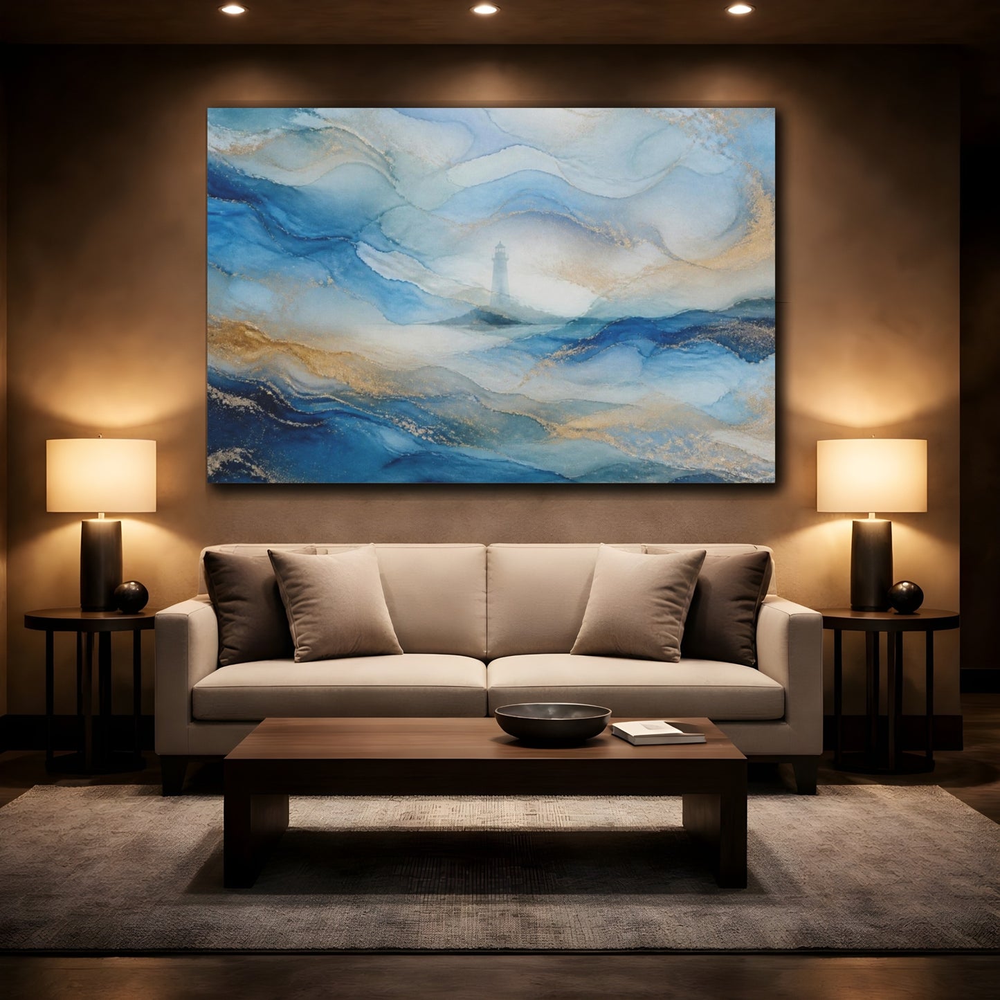 Mockup 2. Abstract Lighthouse Seascape shown as canvas print