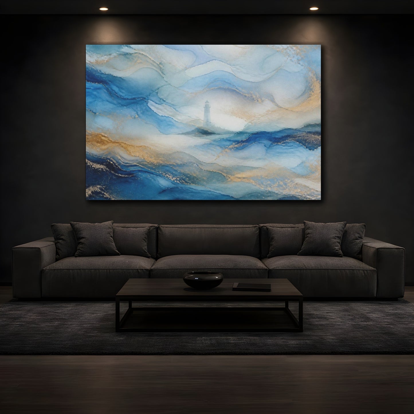 Mockup 3. Abstract Lighthouse Seascape shown as canvas print