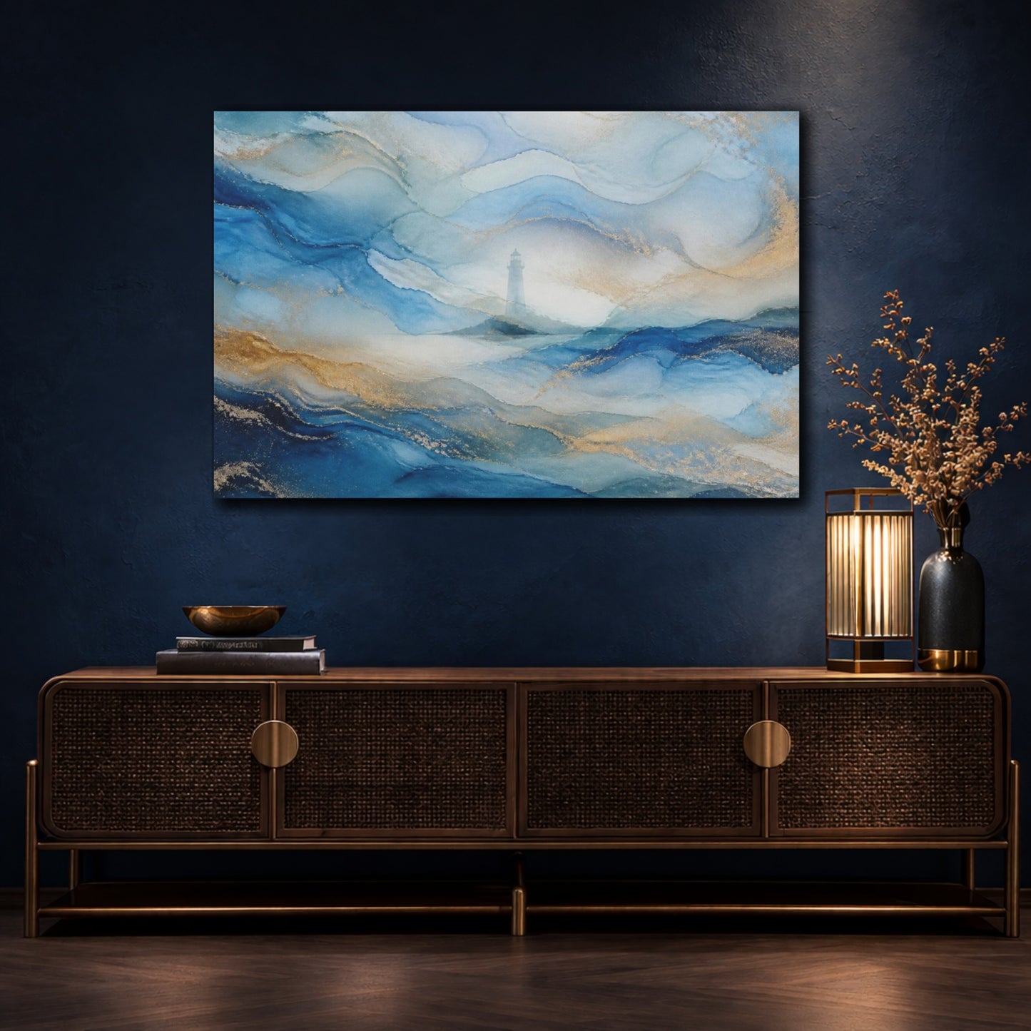 Mockup 4. Abstract Lighthouse Seascape shown as canvas print