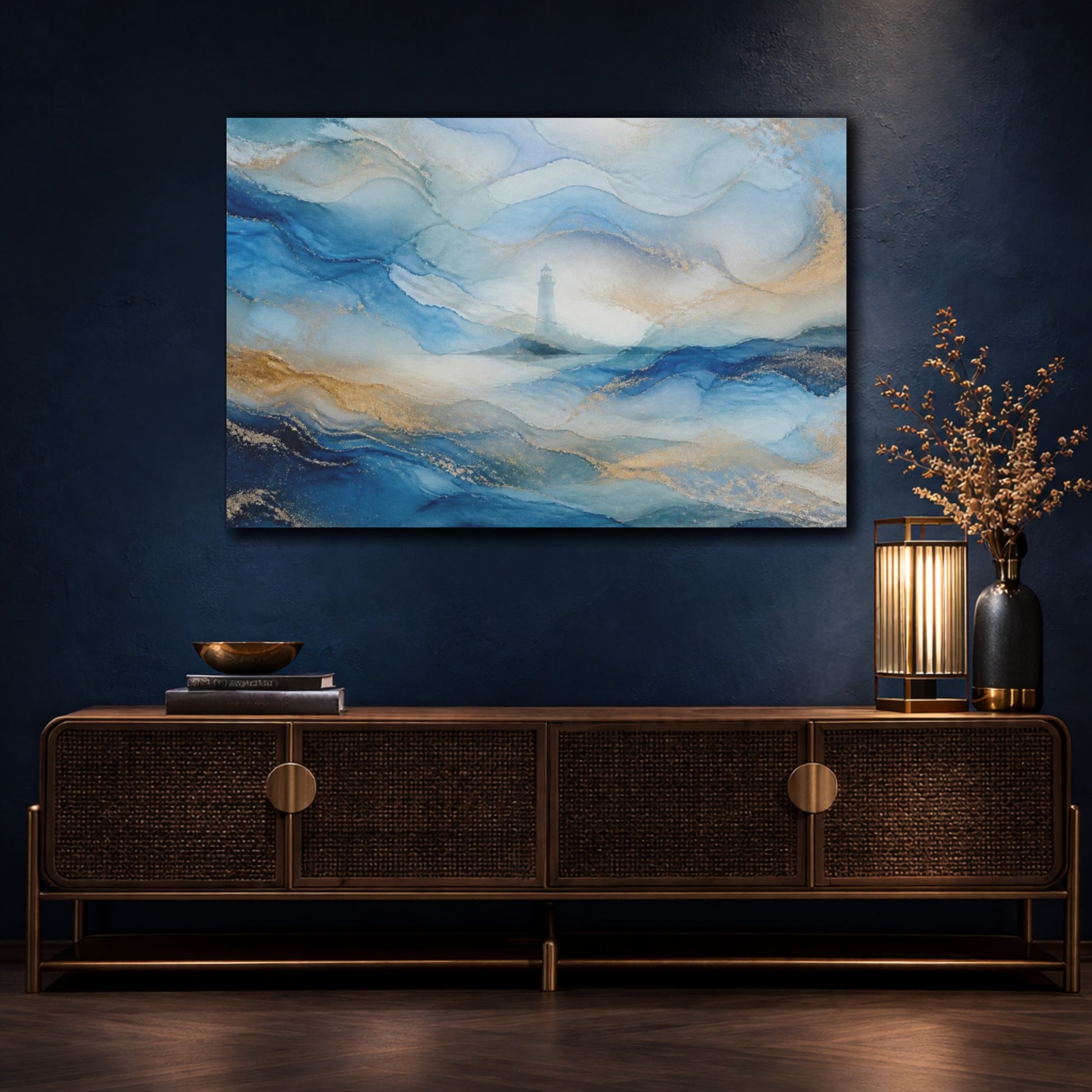 Mockup 4. Abstract Lighthouse Seascape shown as canvas print
