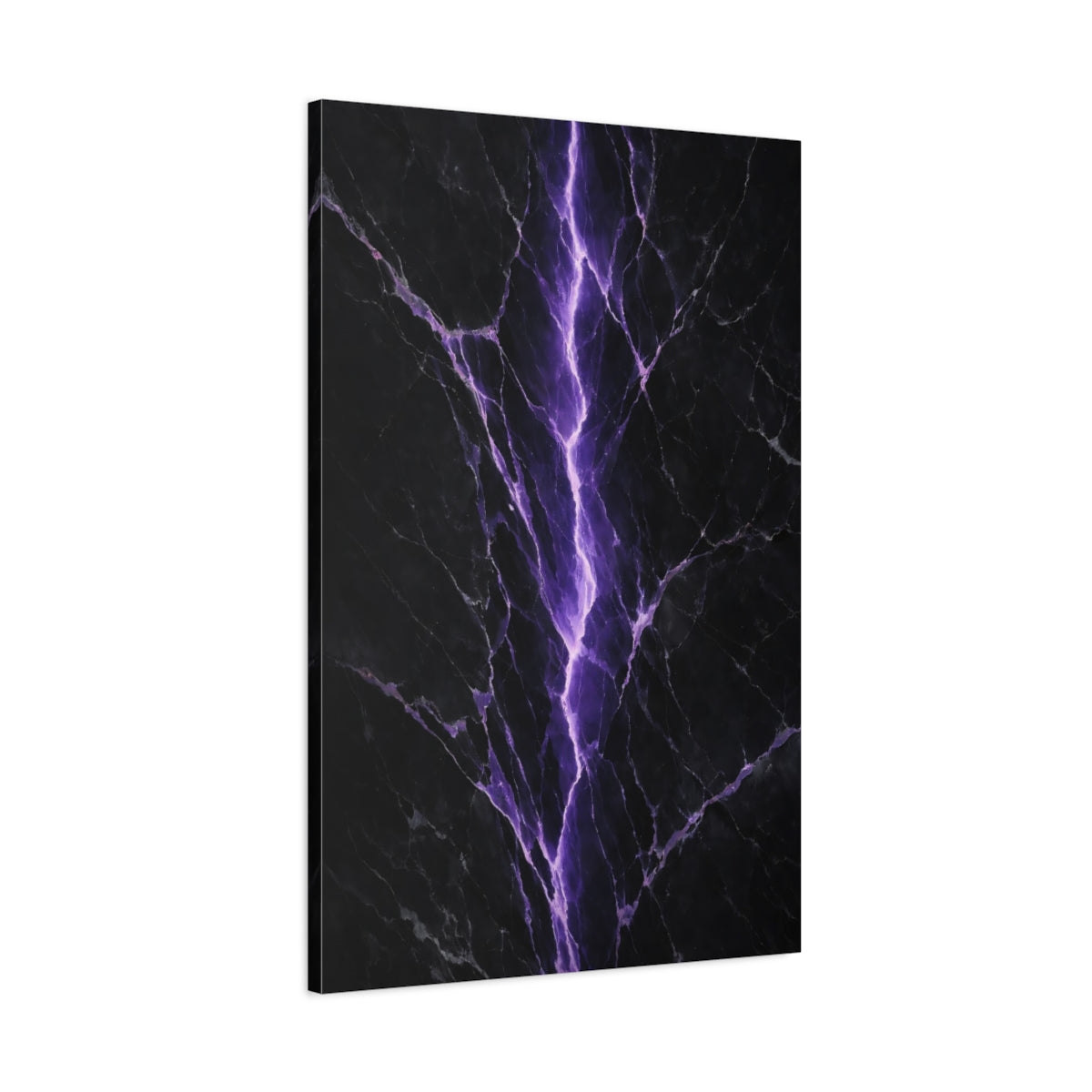 Side Mockup 1. Abstract Lightning Crack Purple And Black shown as stretched canvas wall art